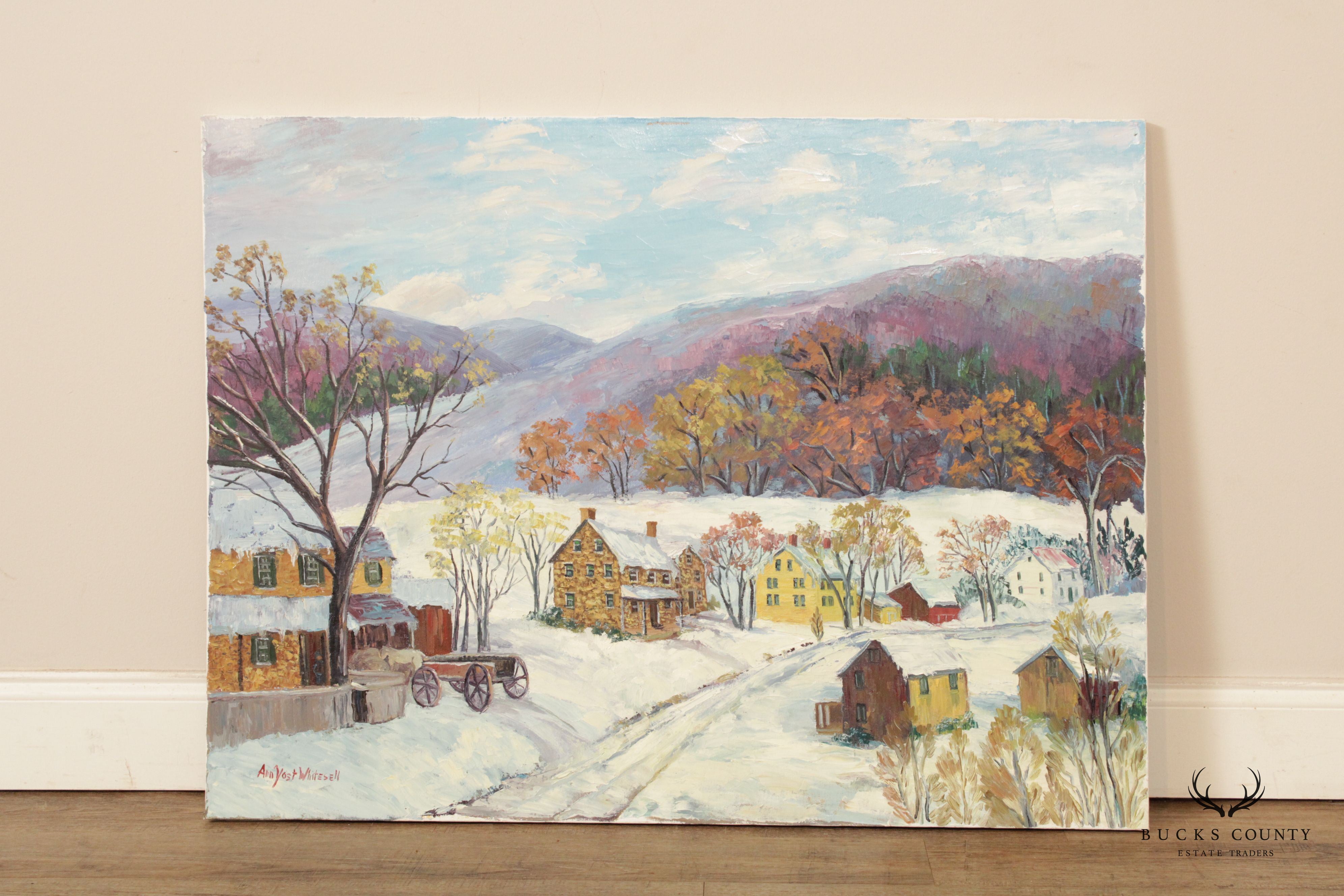 Ann Yost Whitesell 'Old Wagon' Winter Town Landscape Original Oil Painting