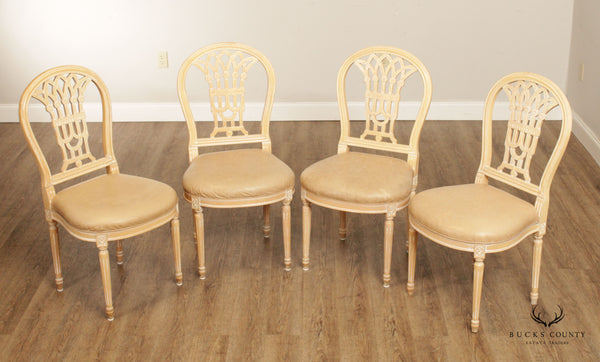 French Louis XVI Style Set 4 White Washed Dining Room Chairs