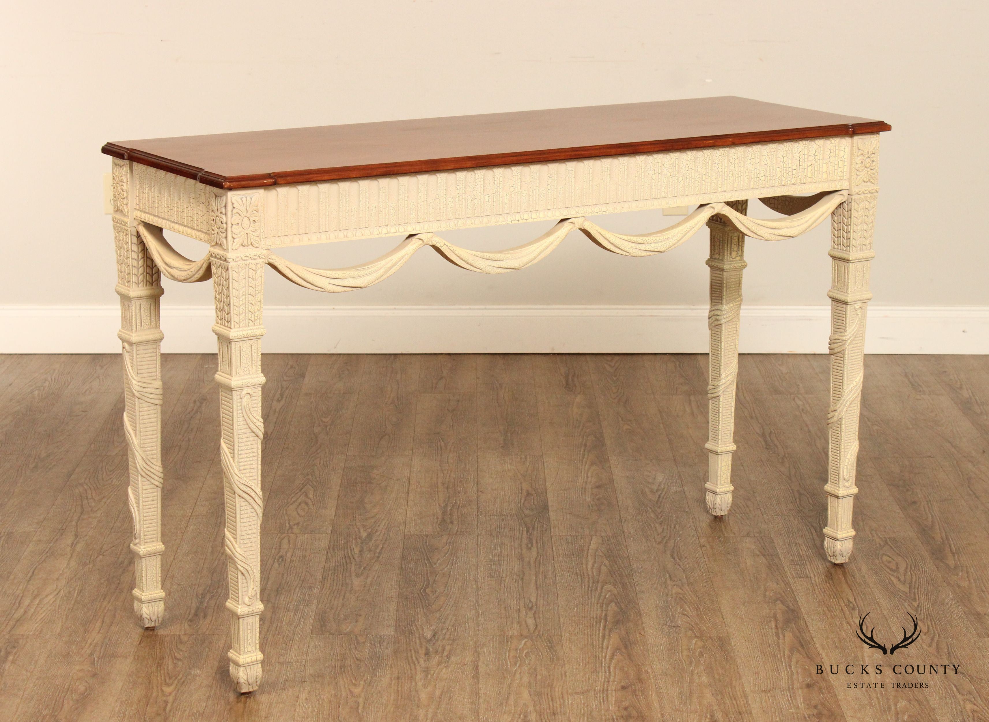 French Louis XVI Style Pair of Painted Base Cherry Console Tables