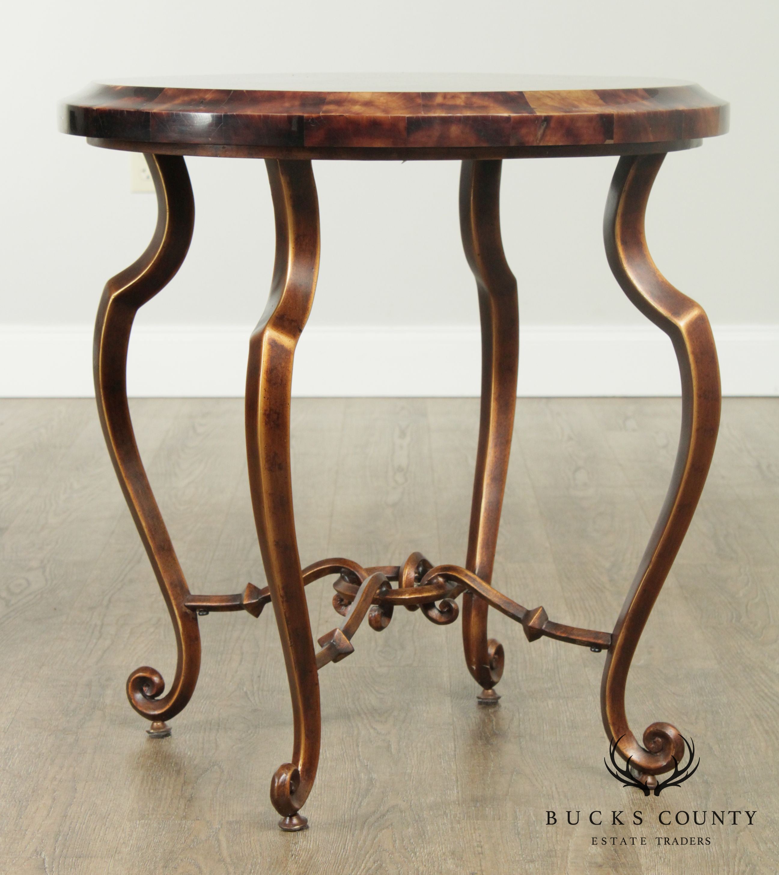 Regency Style Round Faux Tessellated Horn Iron Base Side Table