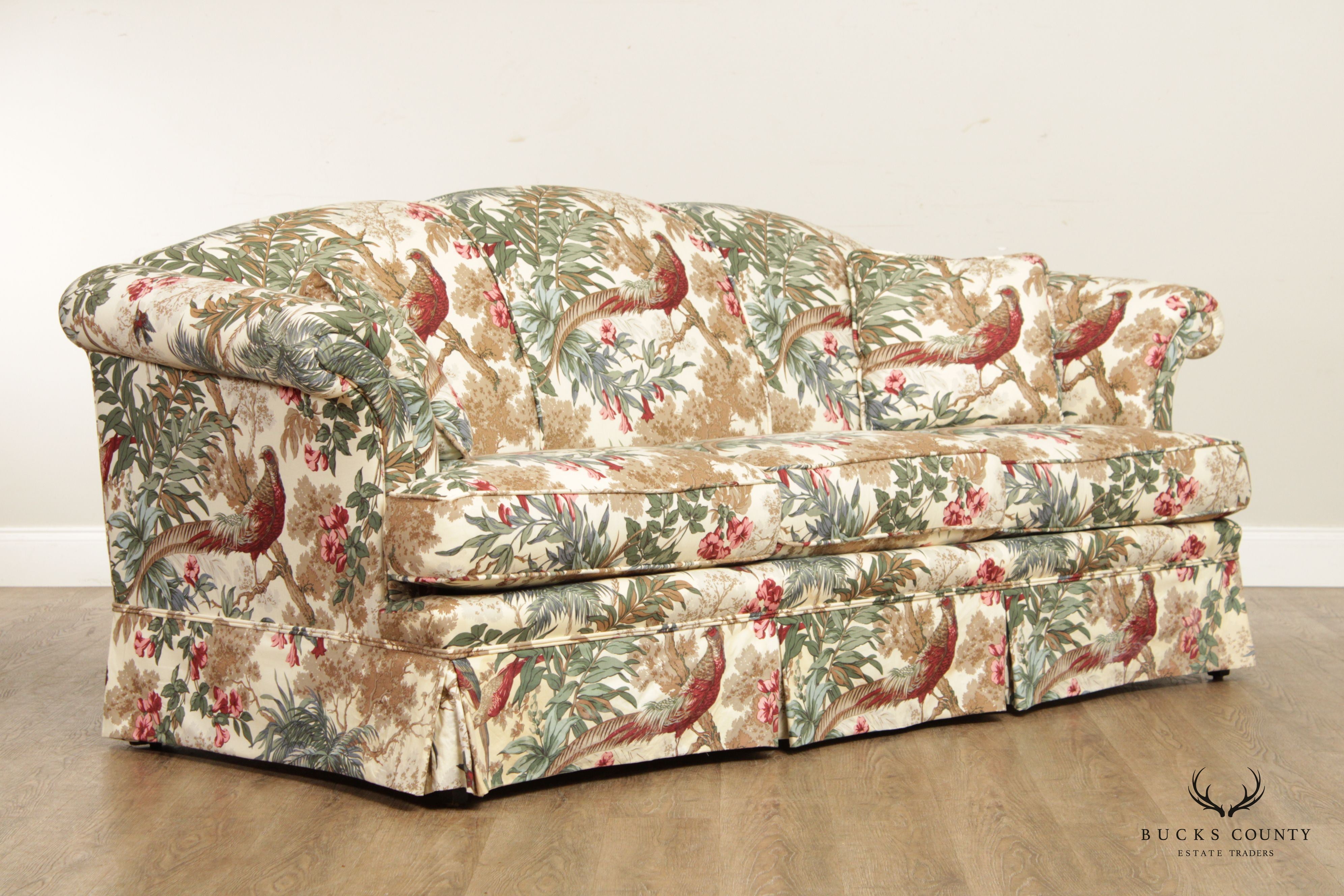 Rolled Arm Pheasant Hunt Print Custom Upholstered Sofa