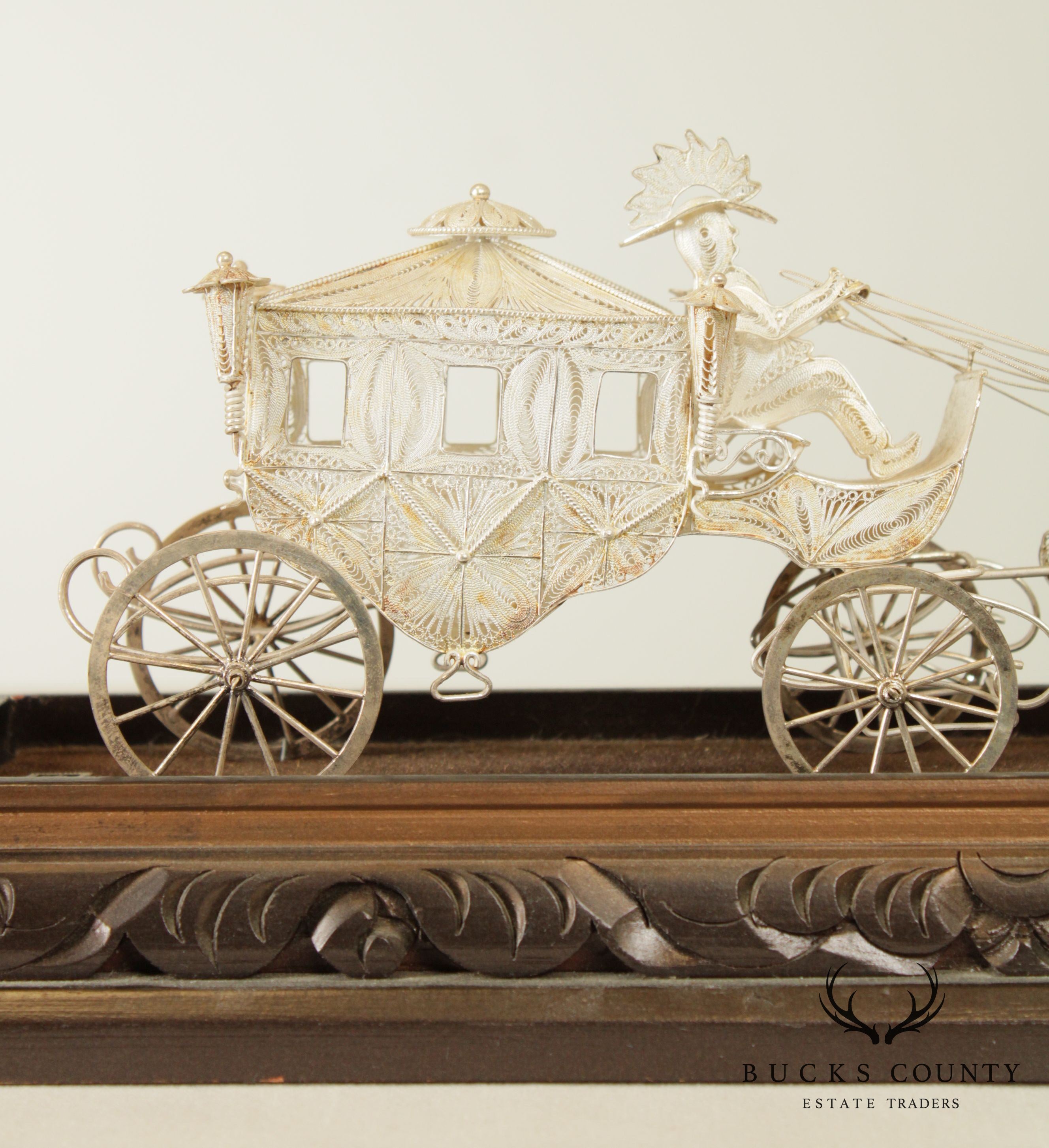 Sterling Silver Wire & Filigree Carriage with Driver and Four Horses, Carved Wood Base