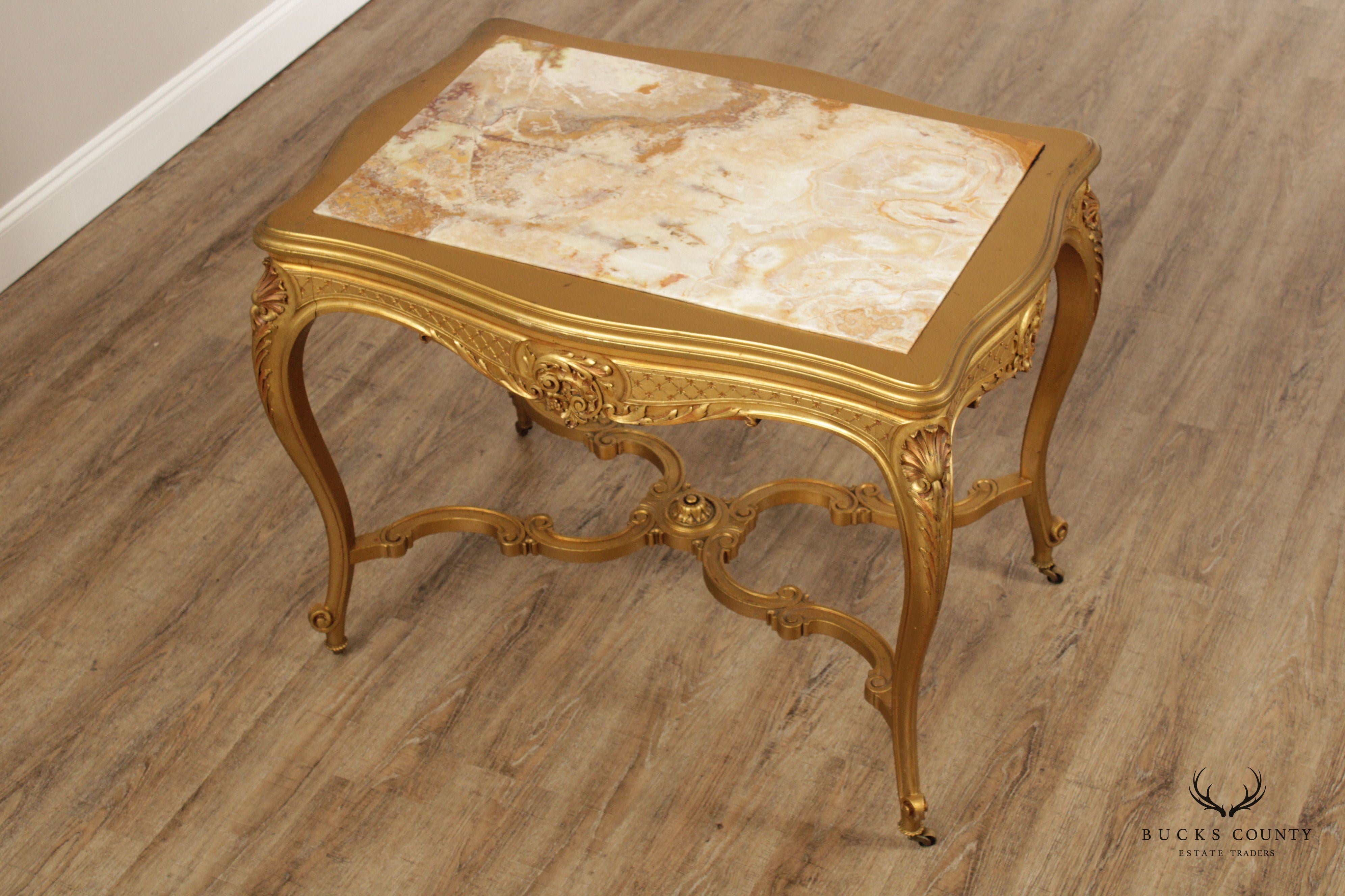 Antique French Louis XV Style Giltwood and Onyx Parlor Table