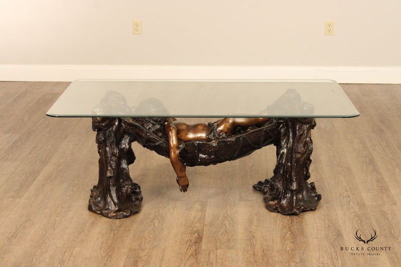 Classical Style Cast Bronze Sleeping Putti Glass Top Coffee Table