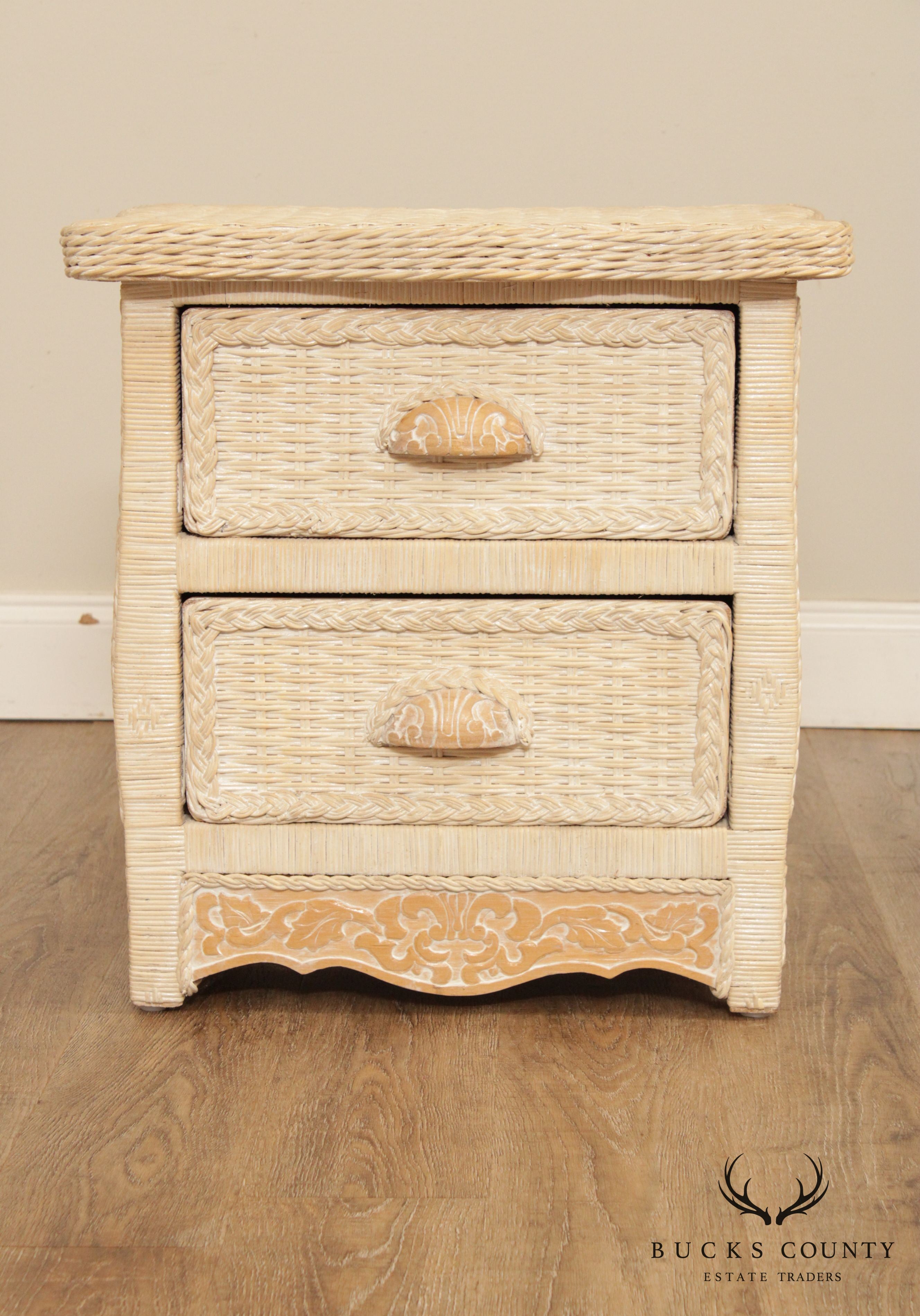 Jamaica Collection White Washed Wicker Pair 2 Drawer Nightstands