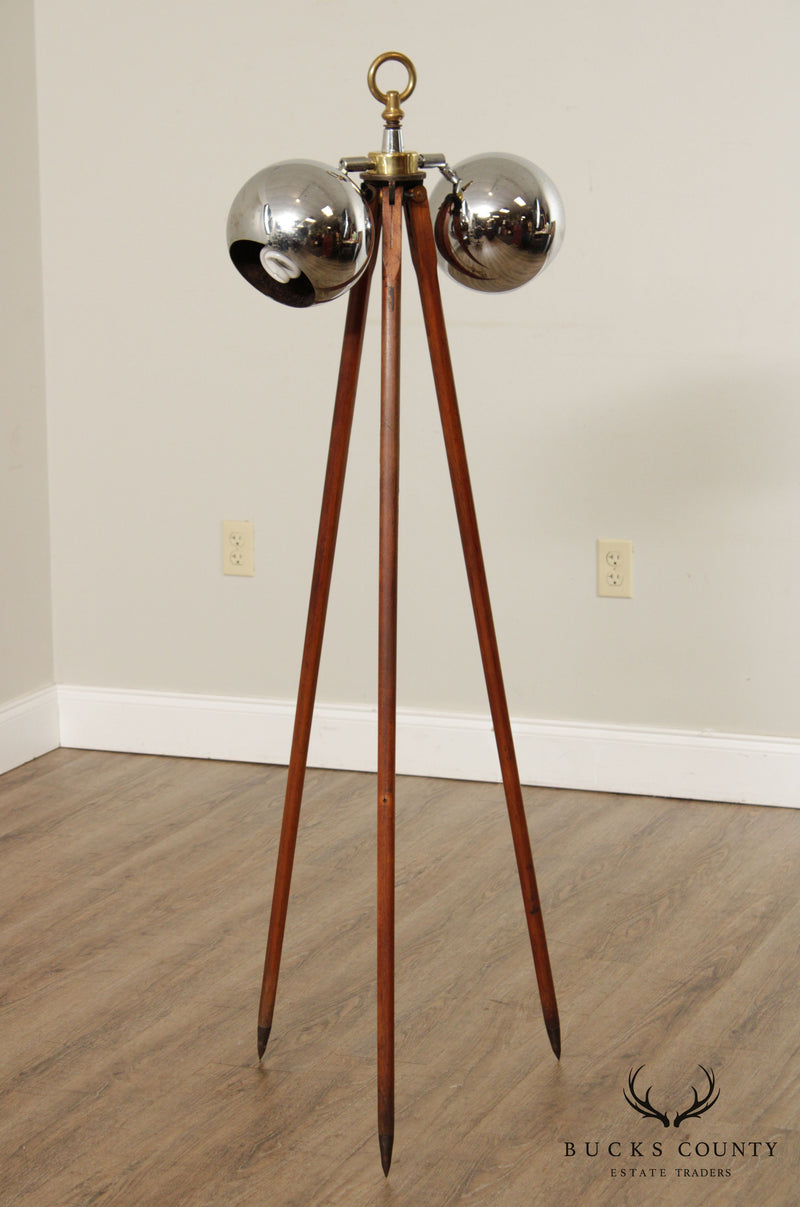 Mid Century Wooden Tripod Floor Lamp with Chrome Shades