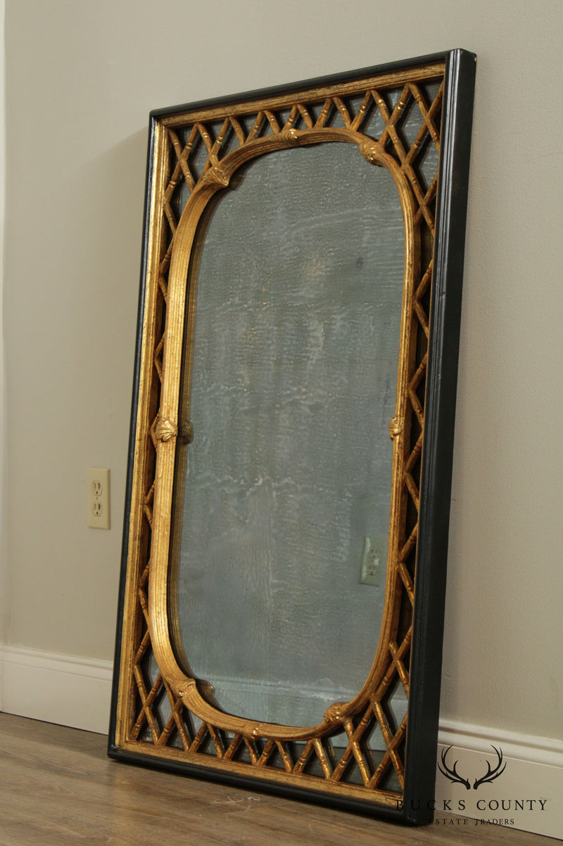Friedman Brothers Vintage Pair Regency Style Distressed Black & Gold Faux Bamboo Mirrors