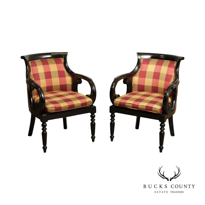 Empire Style Pair Custom Upholstered Black Lacquer Armchairs