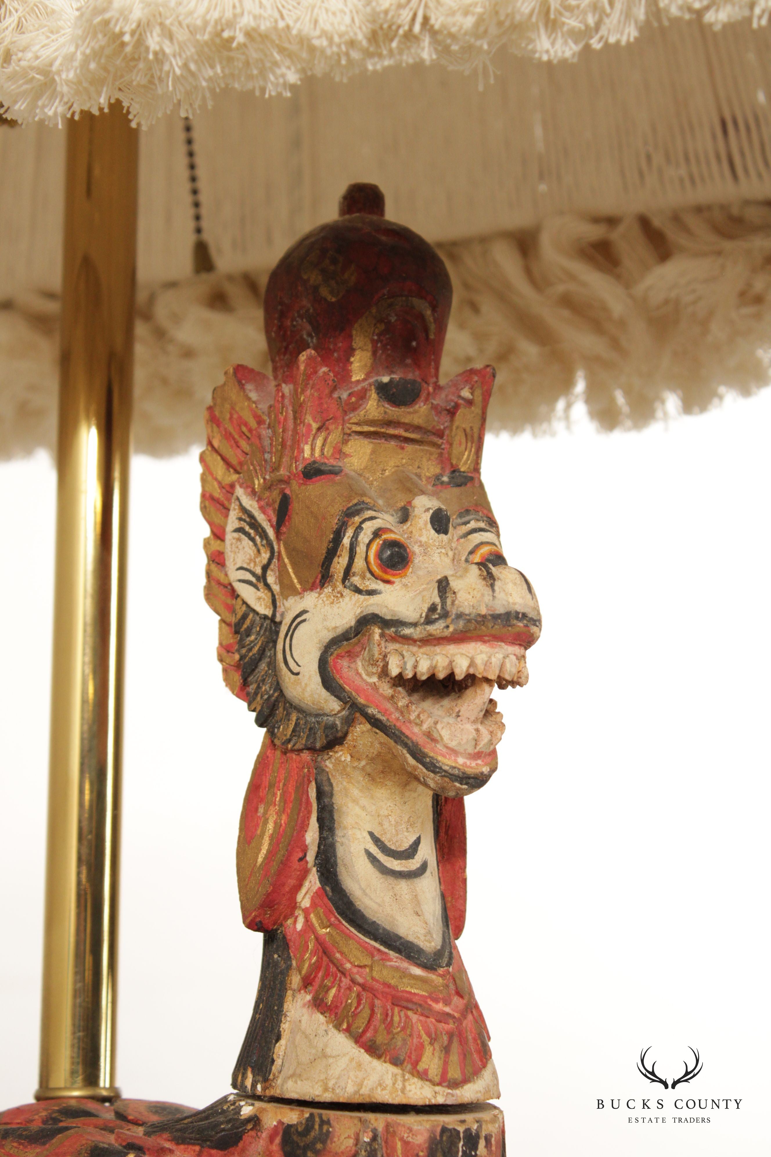 Balinese Wood Carved Crown Naga Duck Table Lamp with Shade