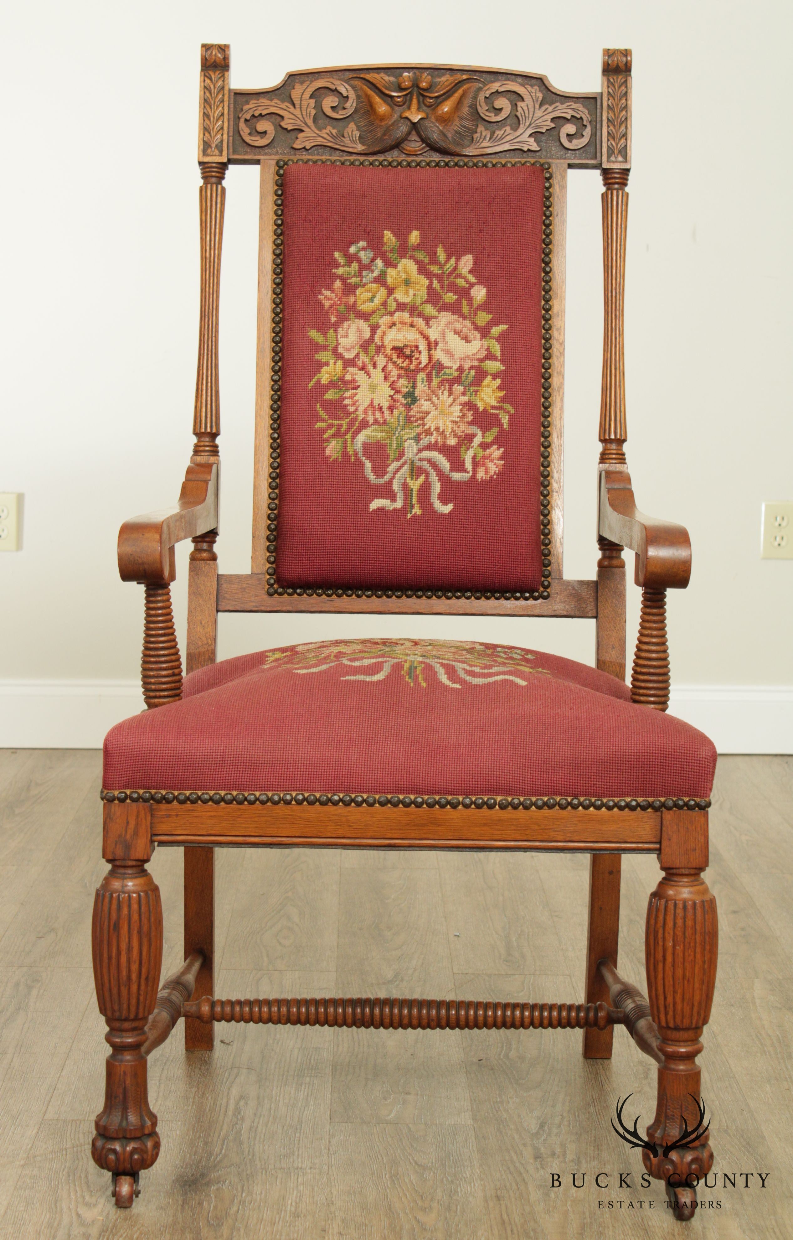 Antique Victorian Renaissance "Grotesque" Carved Oak Needlepoint Armchair