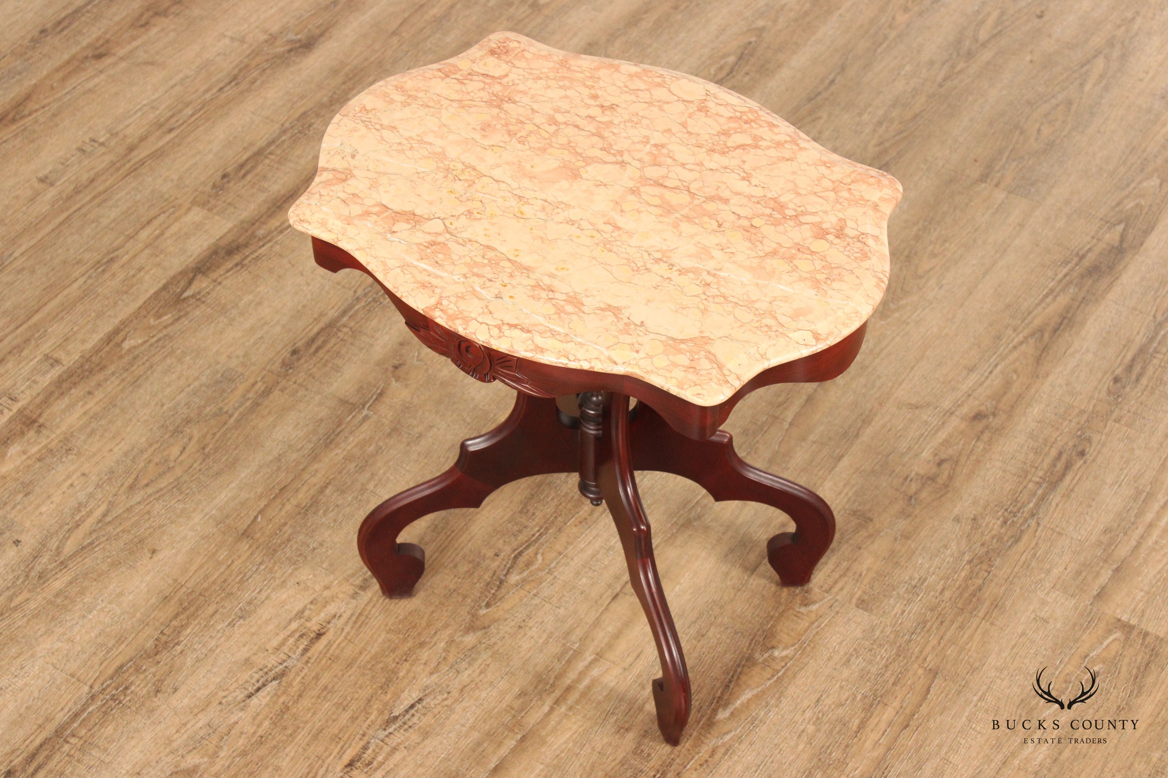 Victorian Style Italian Marble Top Carved Mahogany Side Table