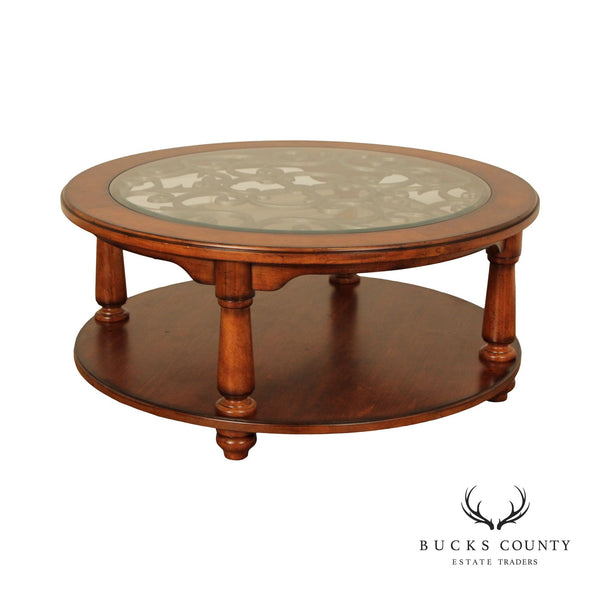 Rustic European Style Wood and Glass Top Iron Scroll Round Cocktail Table