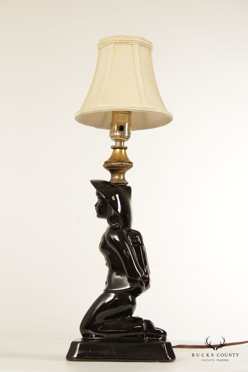 Underwriters' Laboratories Mid Century Chinoiserie Figural Ceramic Pair of Table Lamps