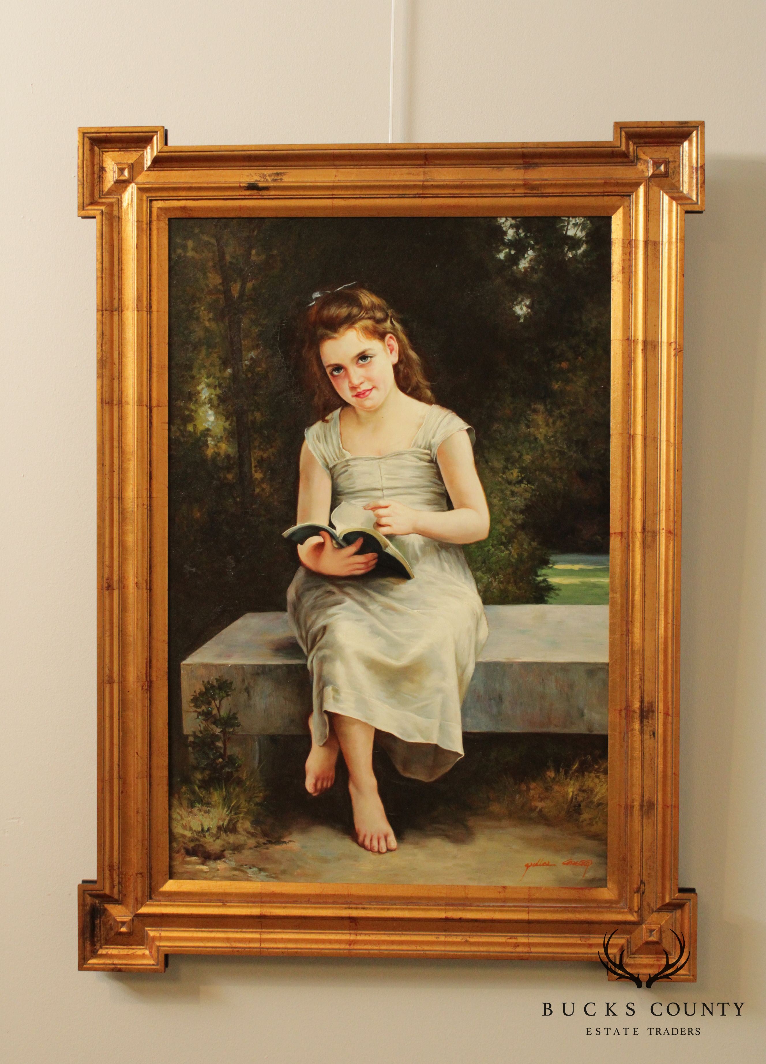 Victorian Style Framed Oil Painting of Young Girl Reading Book