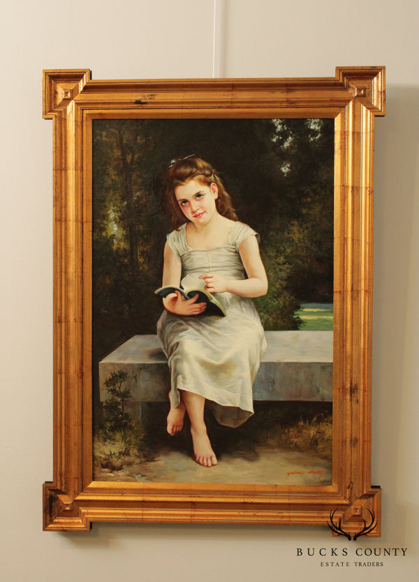 Victorian Style Framed Oil Painting of Young Girl Reading Book