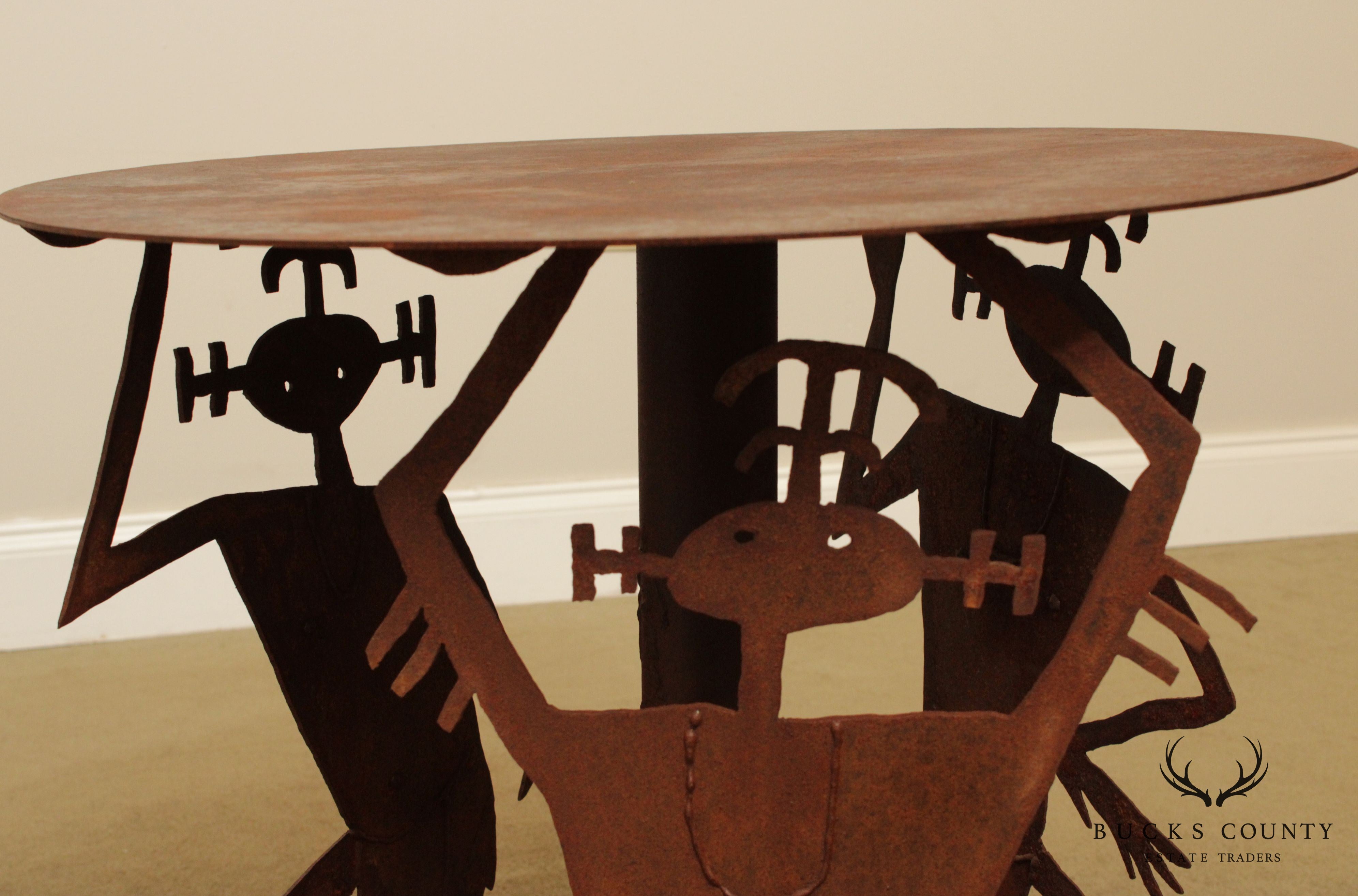 Studio Crafted Rusted Steel Round Garden Table, Dancing Figures