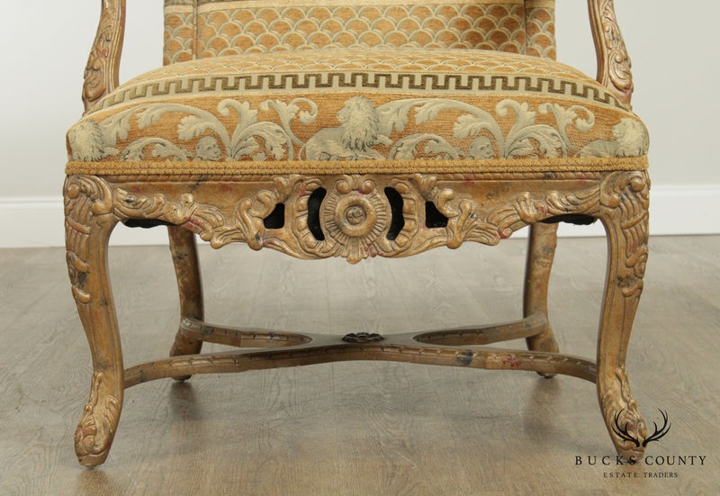 Wesley Hall Louis XV Style Carved Frame Armchair, Custom Upholstery