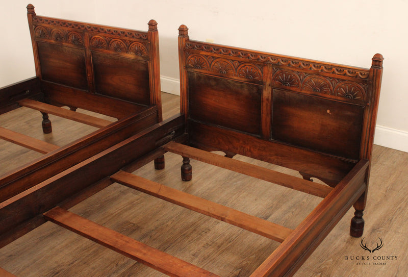 Kittinger Tudor Style Pair of Carved Walnut Twin Beds