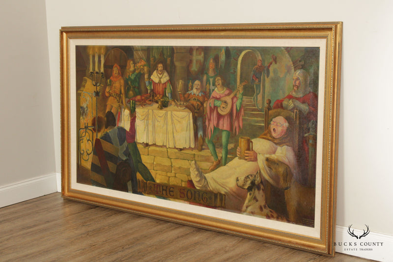 Early 20th C. Medieval Banquet 'The Song' Monumental Original Painting