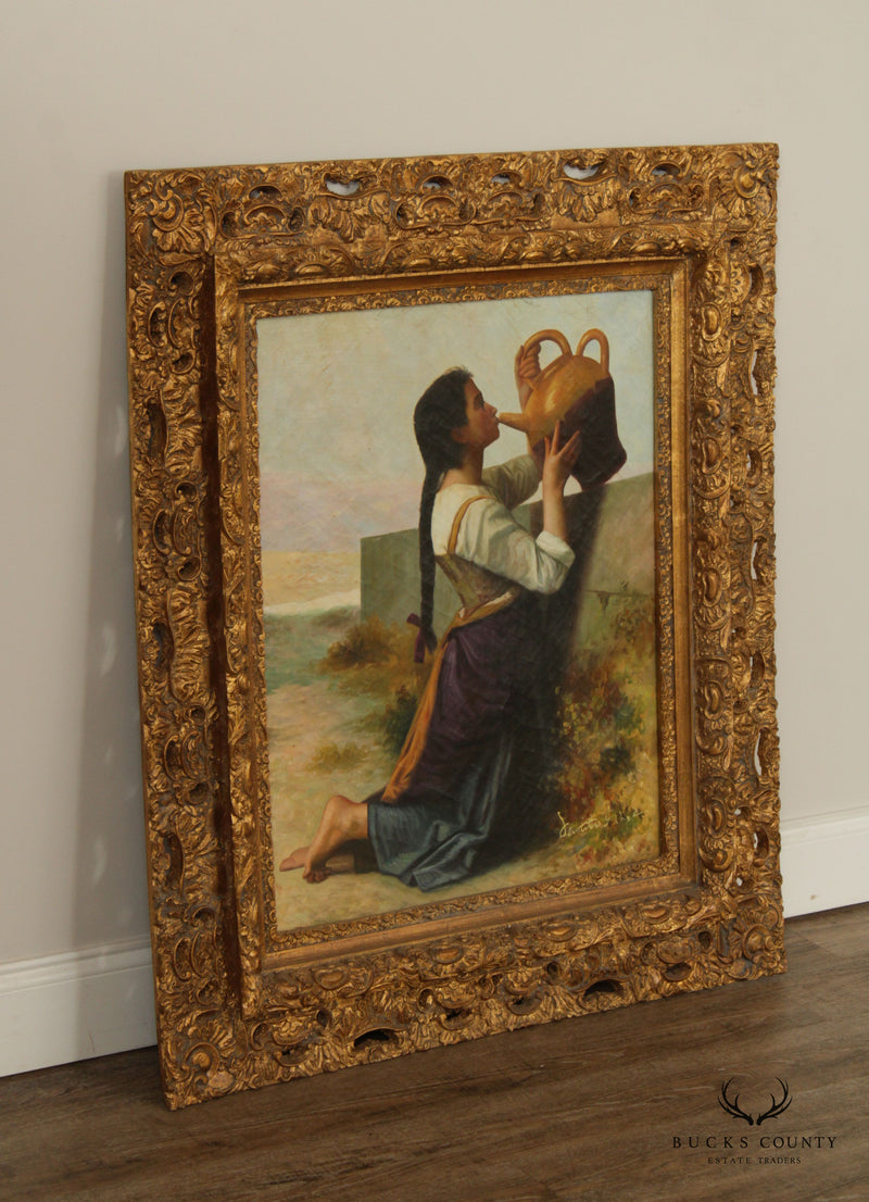 Vintage 20th C. 'Thirst' Original Oil Painting After William Adolphe Bouguereau