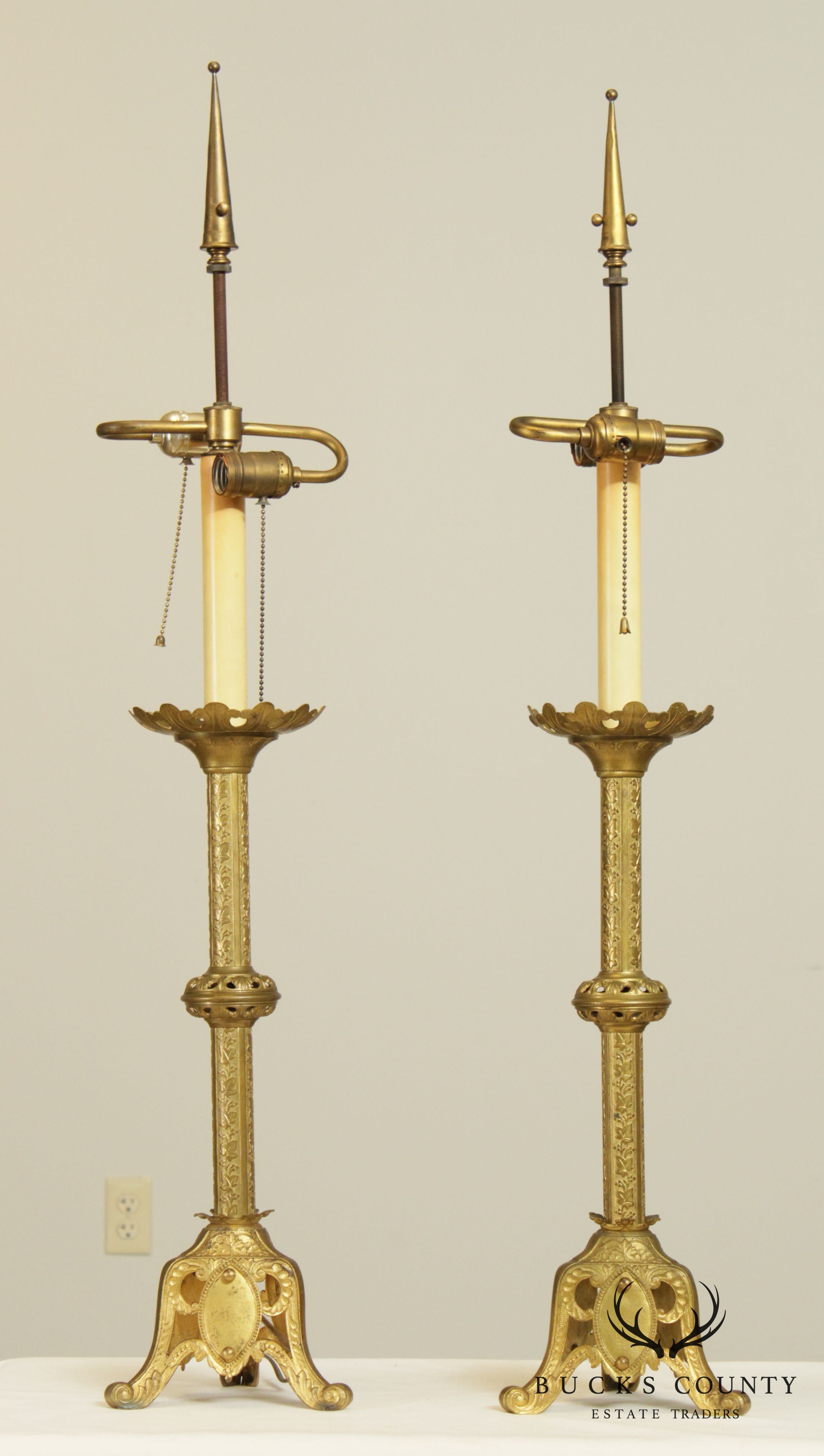 Gothic Revival Antique Aesthetic Brass Pair Converted Candlesticks Lamps