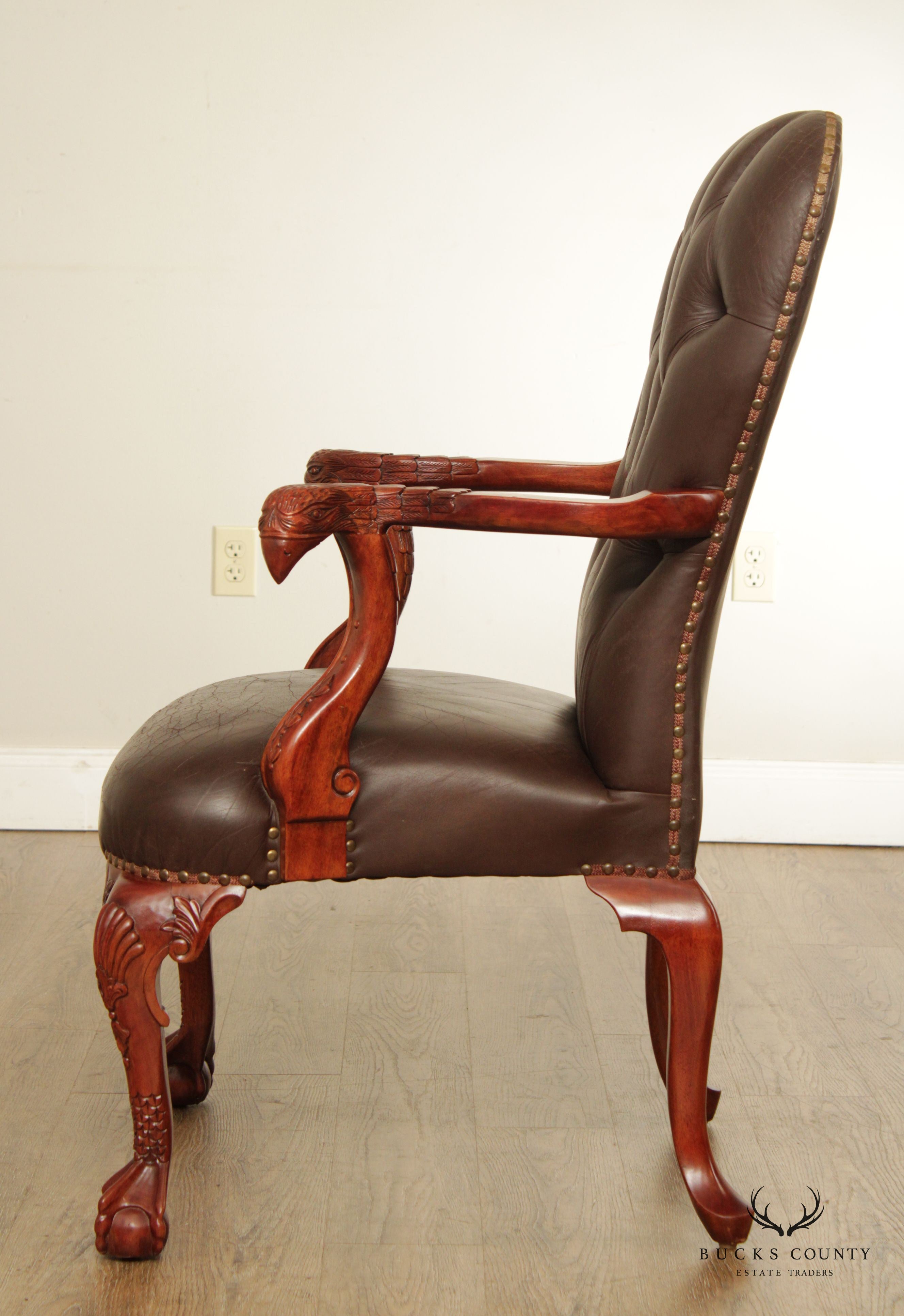 Georgian Chippendale Style Eagle Carved Leather Armchair