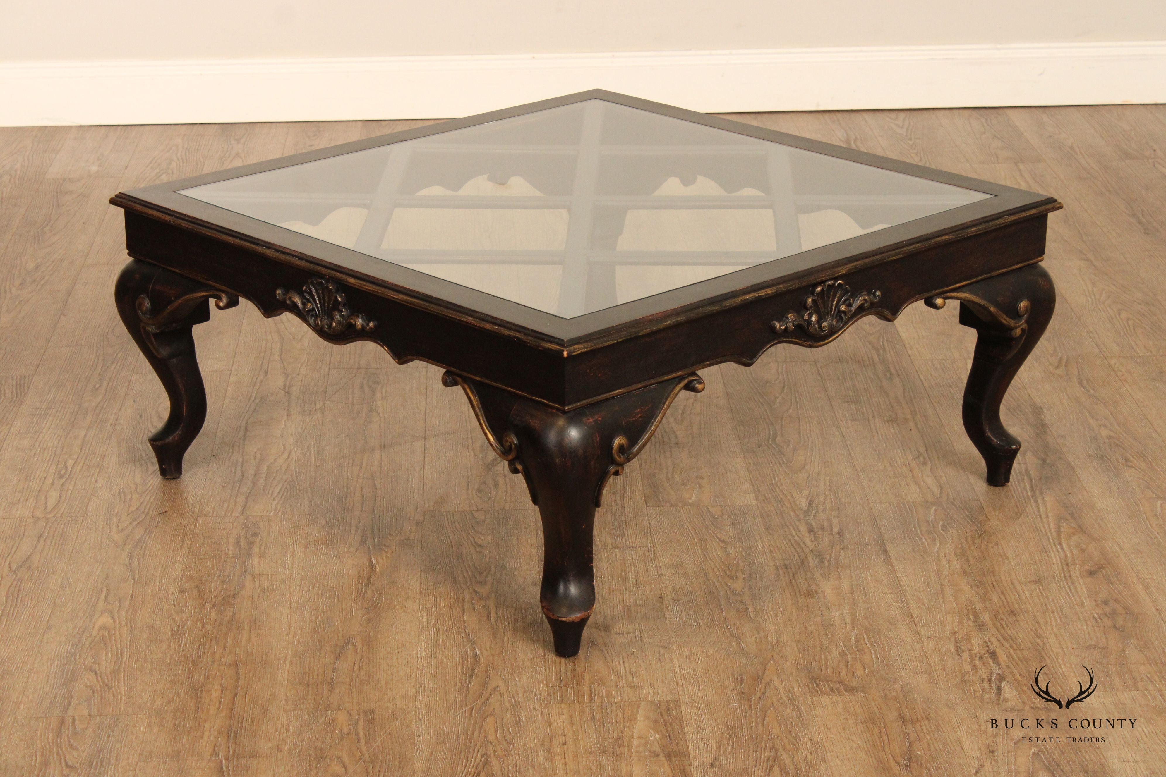 French Louis XV Style Ebonized Wood Glass Top Coffee Table