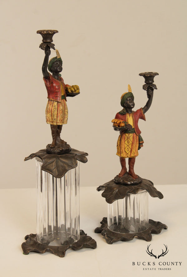 Quality Pair Painted Bronze Figural Candle Holders