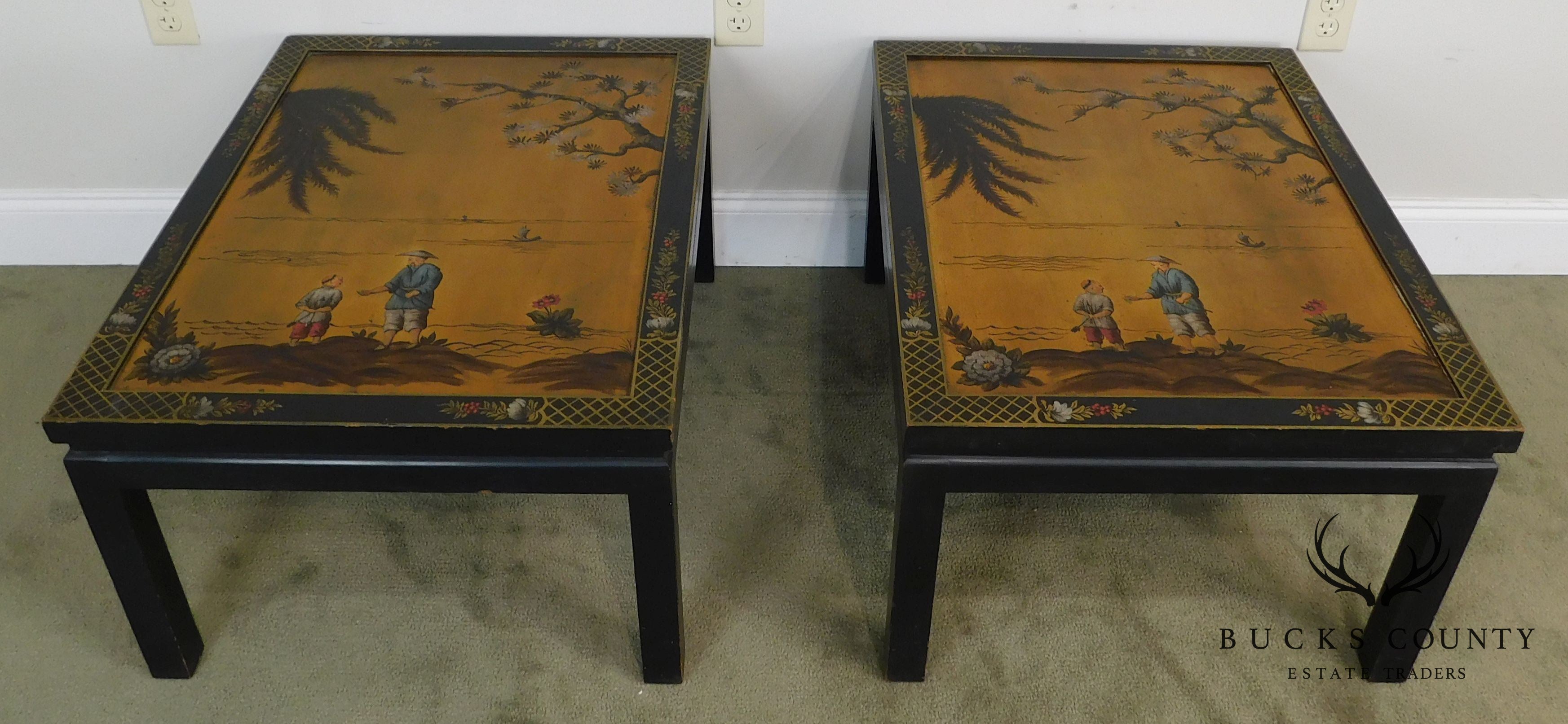 Kozak Studios Black & Gold Chinoiserie Painted Pair Side Tables