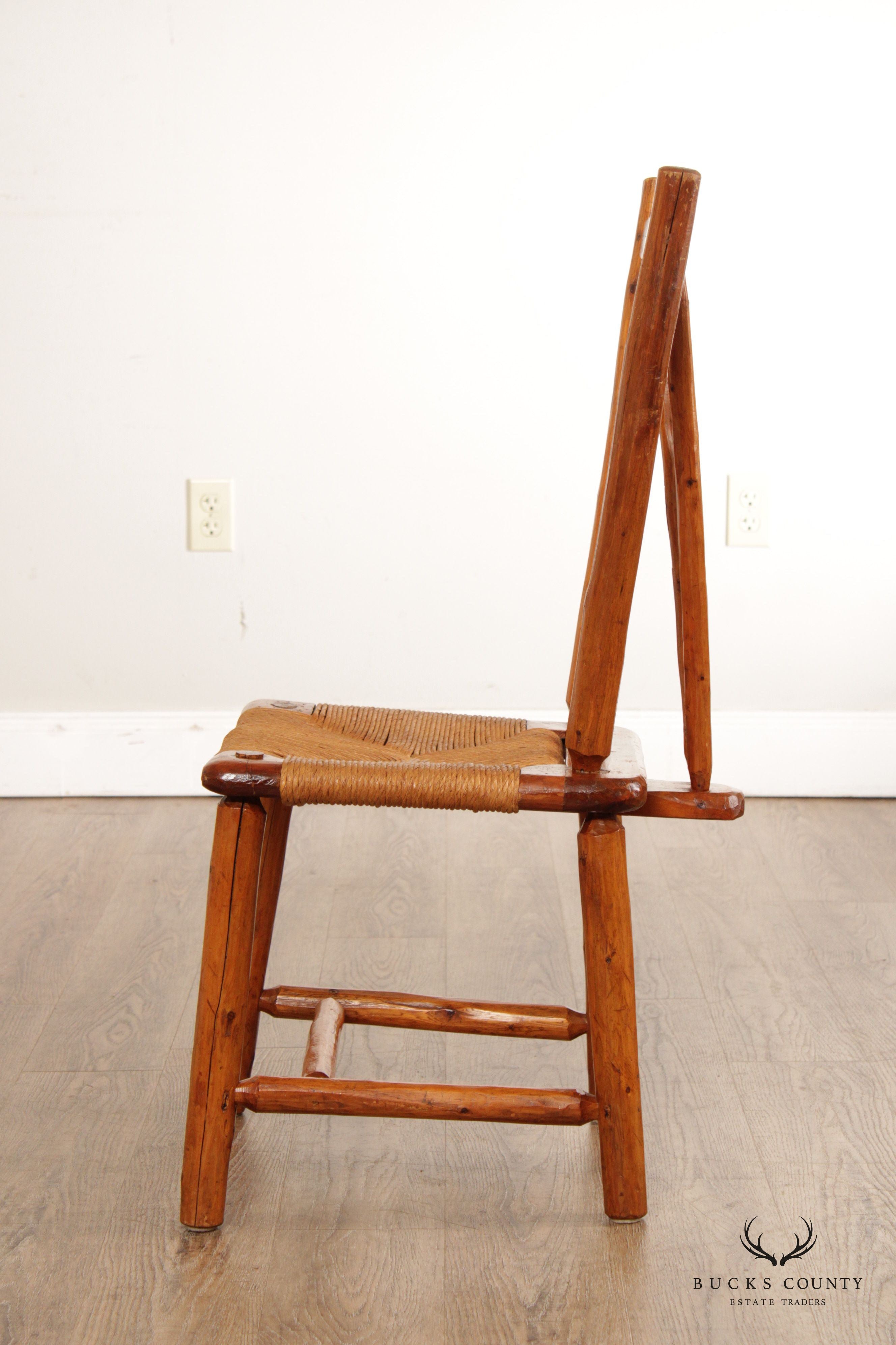 Vintage Rustic Pine Wood and Rush Seat Side Chairs