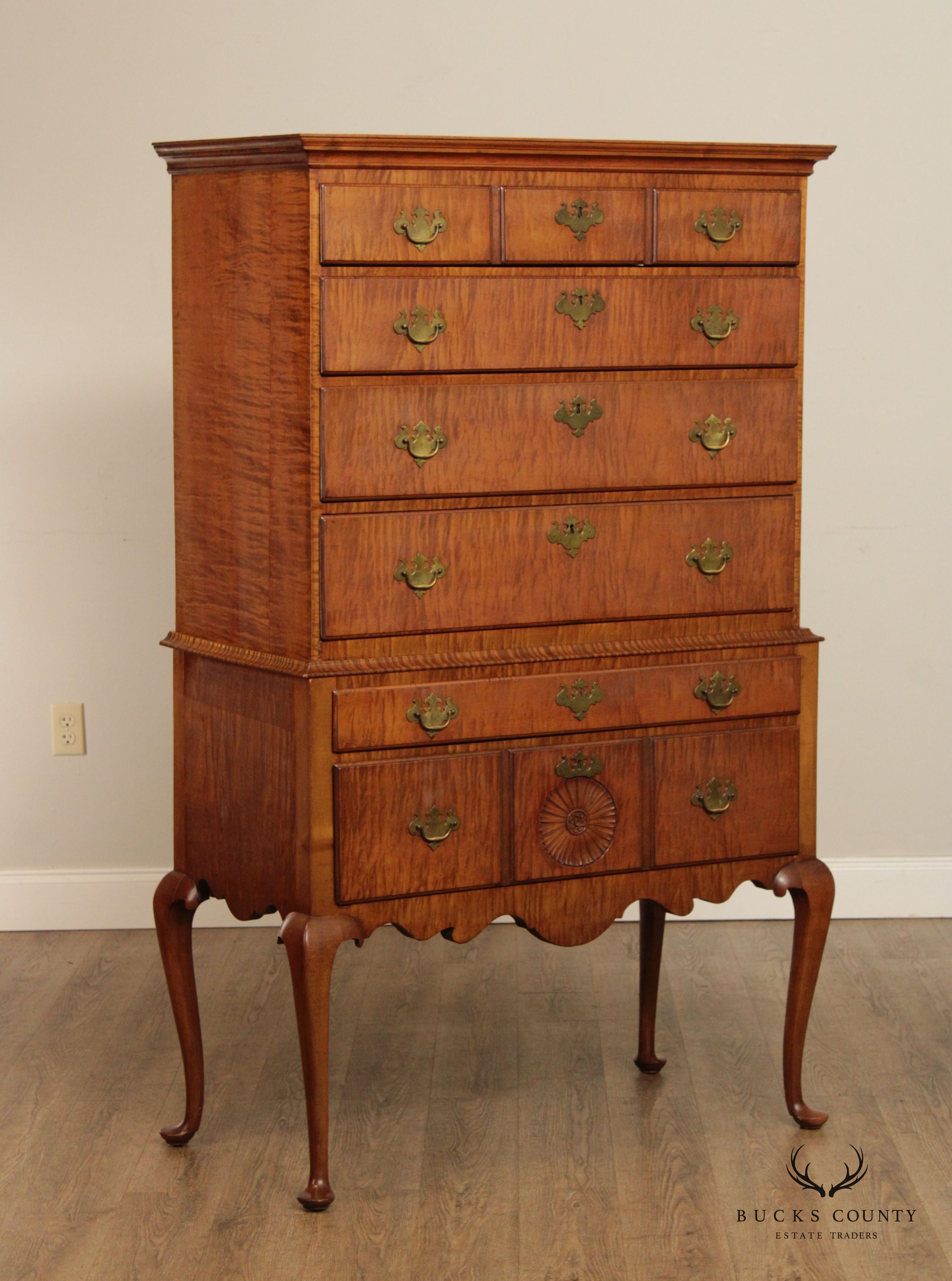 Antique New England Queen Anne Tiger Maple Highboy