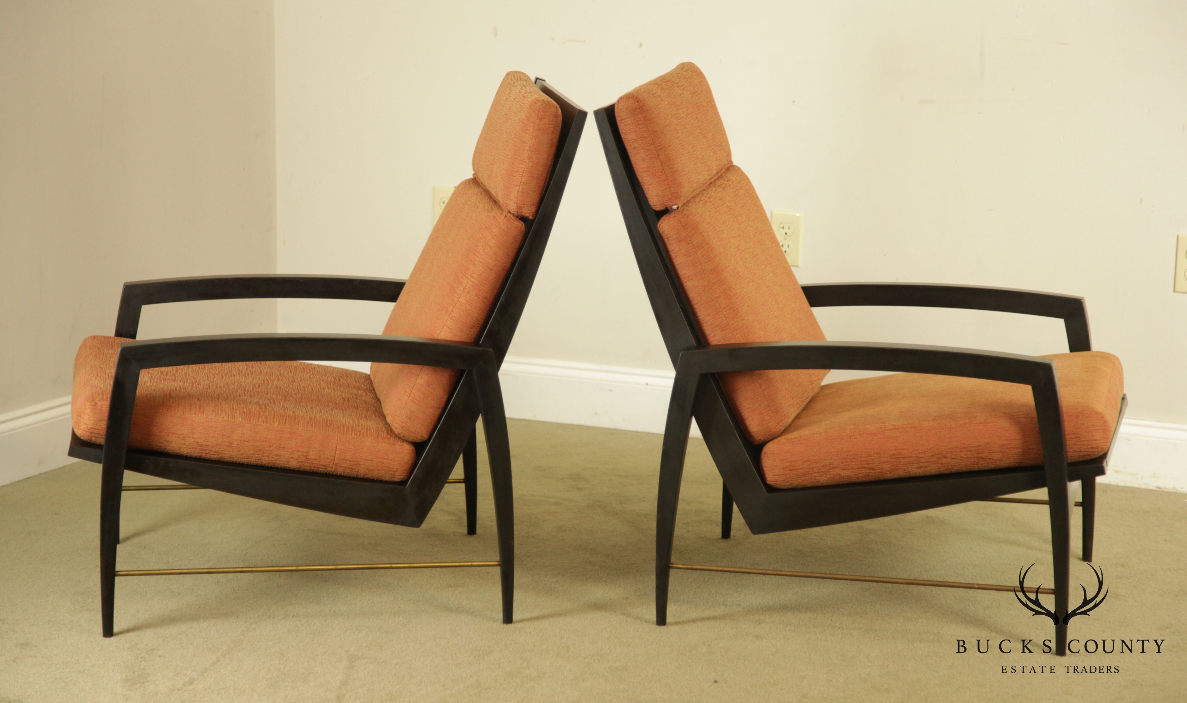 Danish Modern Ebonized Pair Black Lounge Chairs with Brass