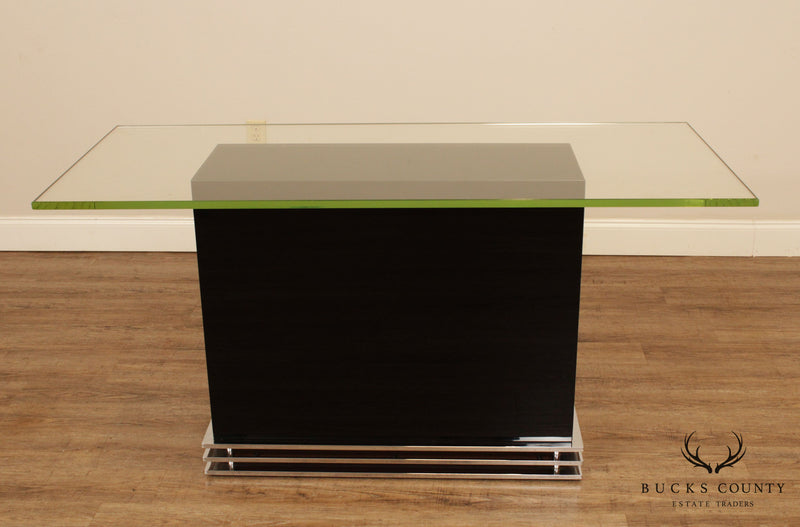 Design Institute of America Postmodern Black Lacquered, Chrome Glass Top Console Table