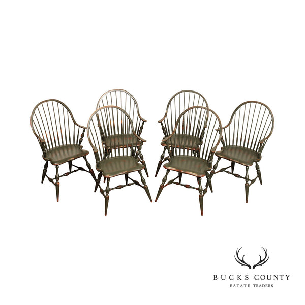 Custom Quality Set of Six Distress Painted Windsor Dining Chairs