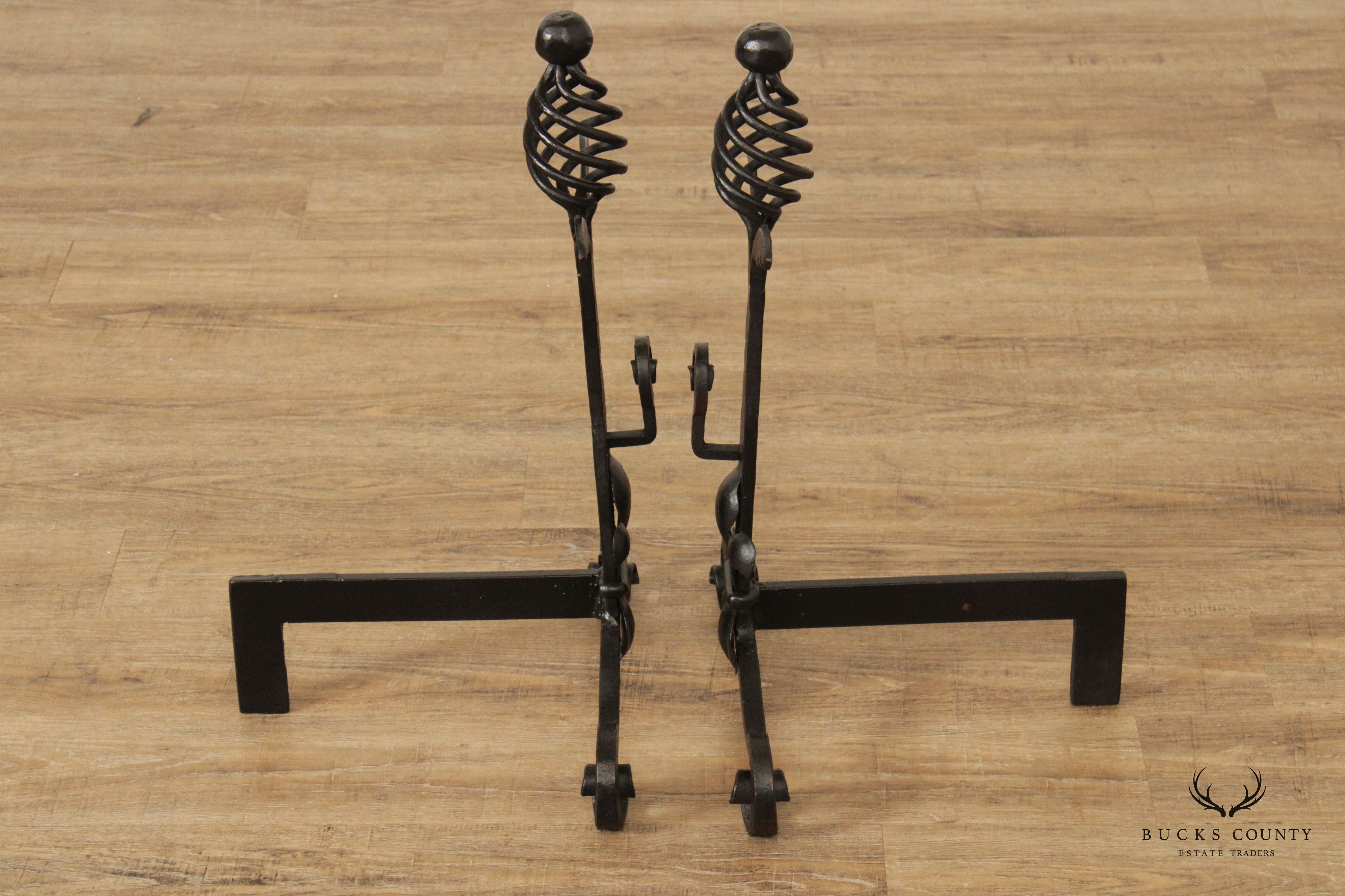 Quality Pair Of Hand Forged Iron Andirons