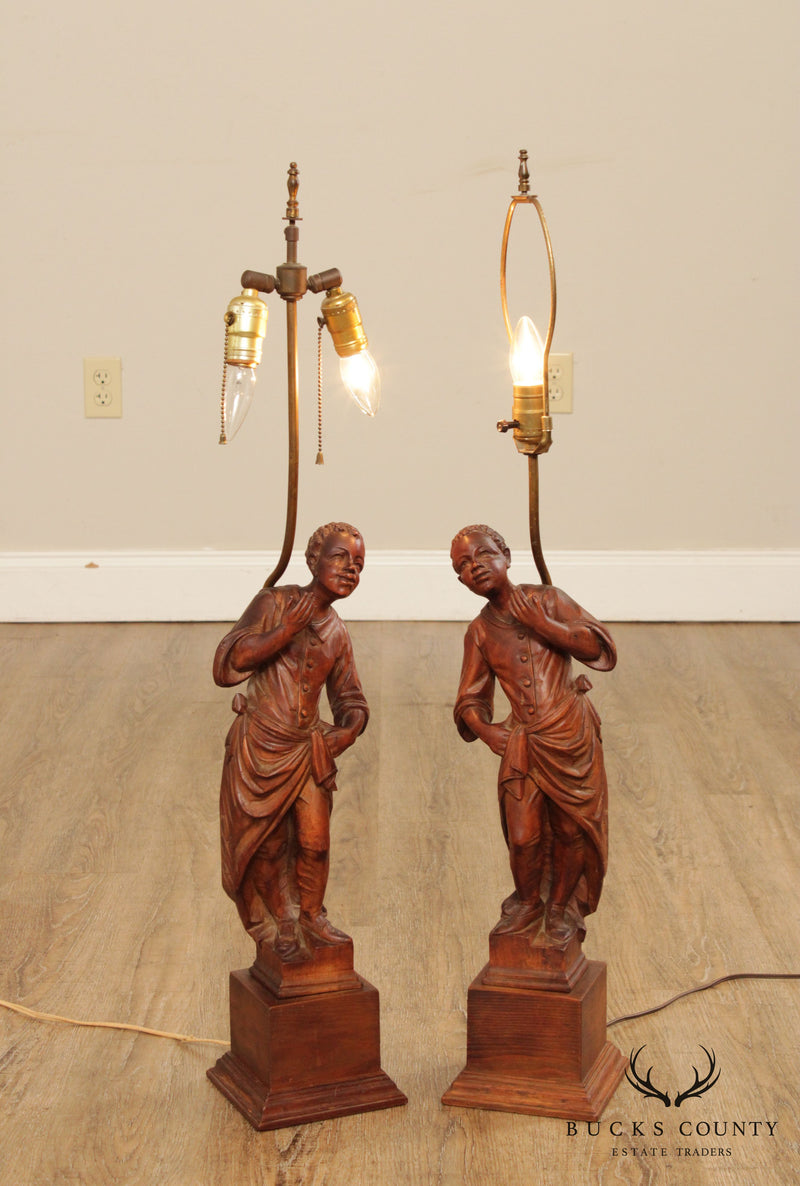 Antique 19th Century Italian Figural Carved Wood Statue Pair Table Lamps
