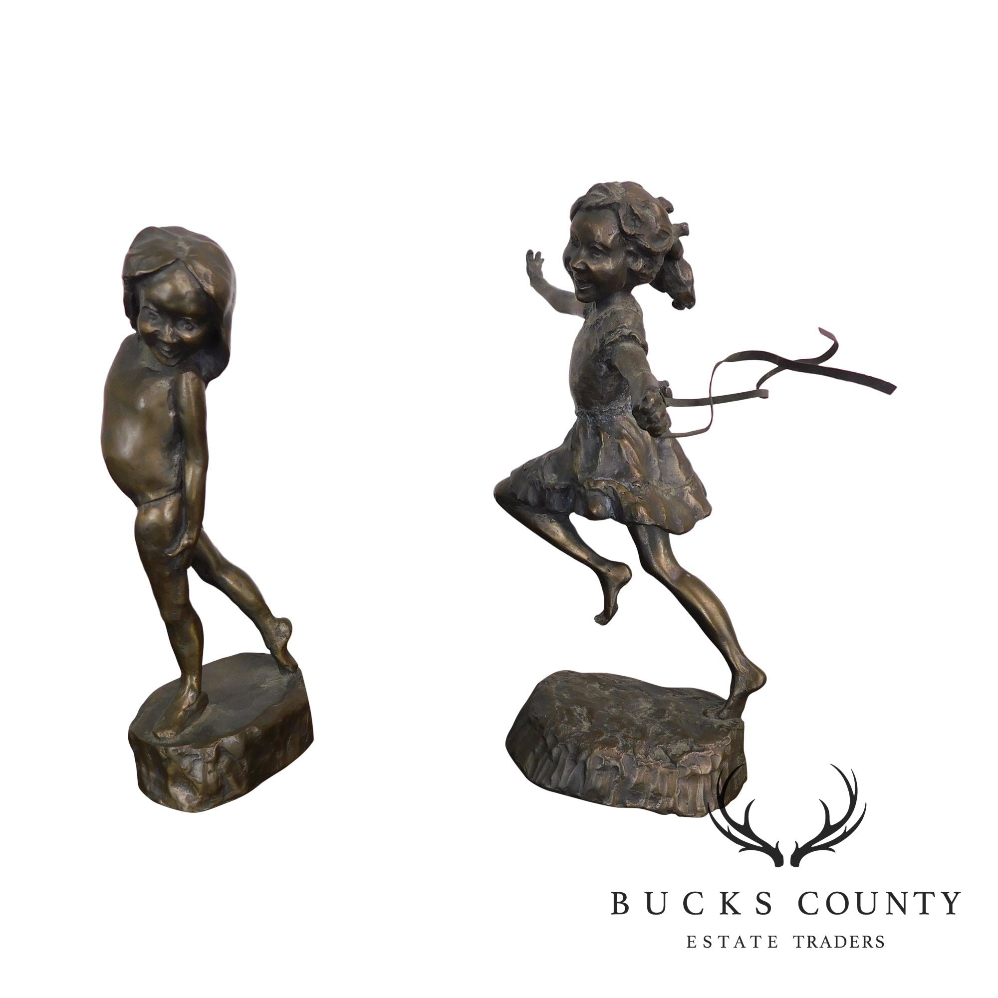 Mark Hopekins Signed "Kids Play" Pair Patinated Bronze Figurines