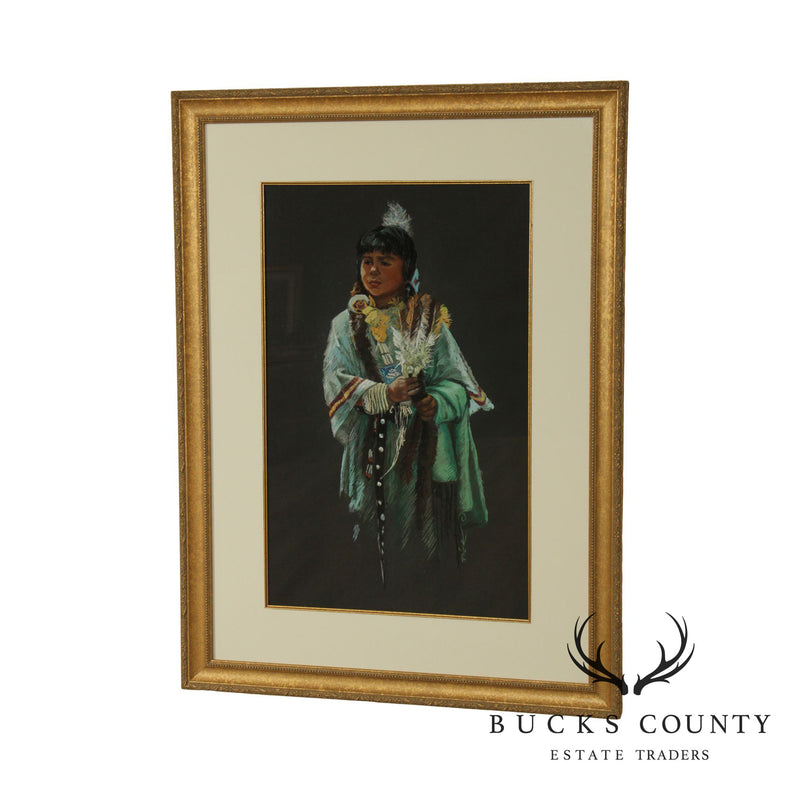 Mary Rick Pastel on Paper - Native American Girl in Pow Wow Costume