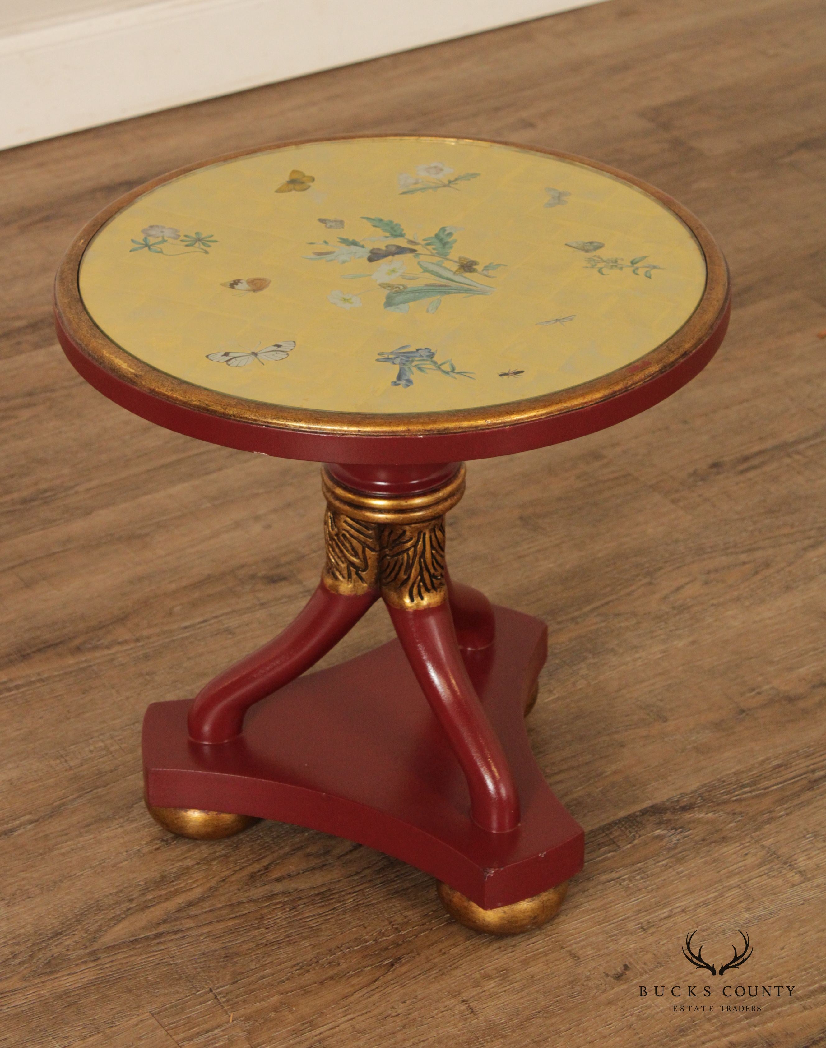 French Empire Style Pair of Painted Wood Round Eglomise Glass Top Side Tables