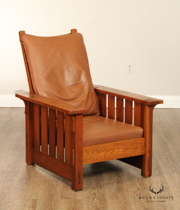 Gustav Stickley Antique Mission Oak and Leather Reclining Morris Chair