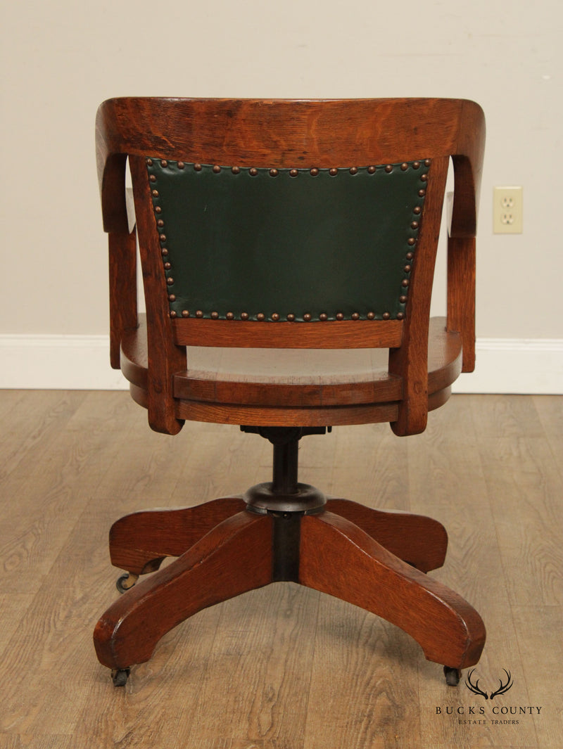 Vintage Oak and Leather Bank of England Style Swivel Office Desk Chair