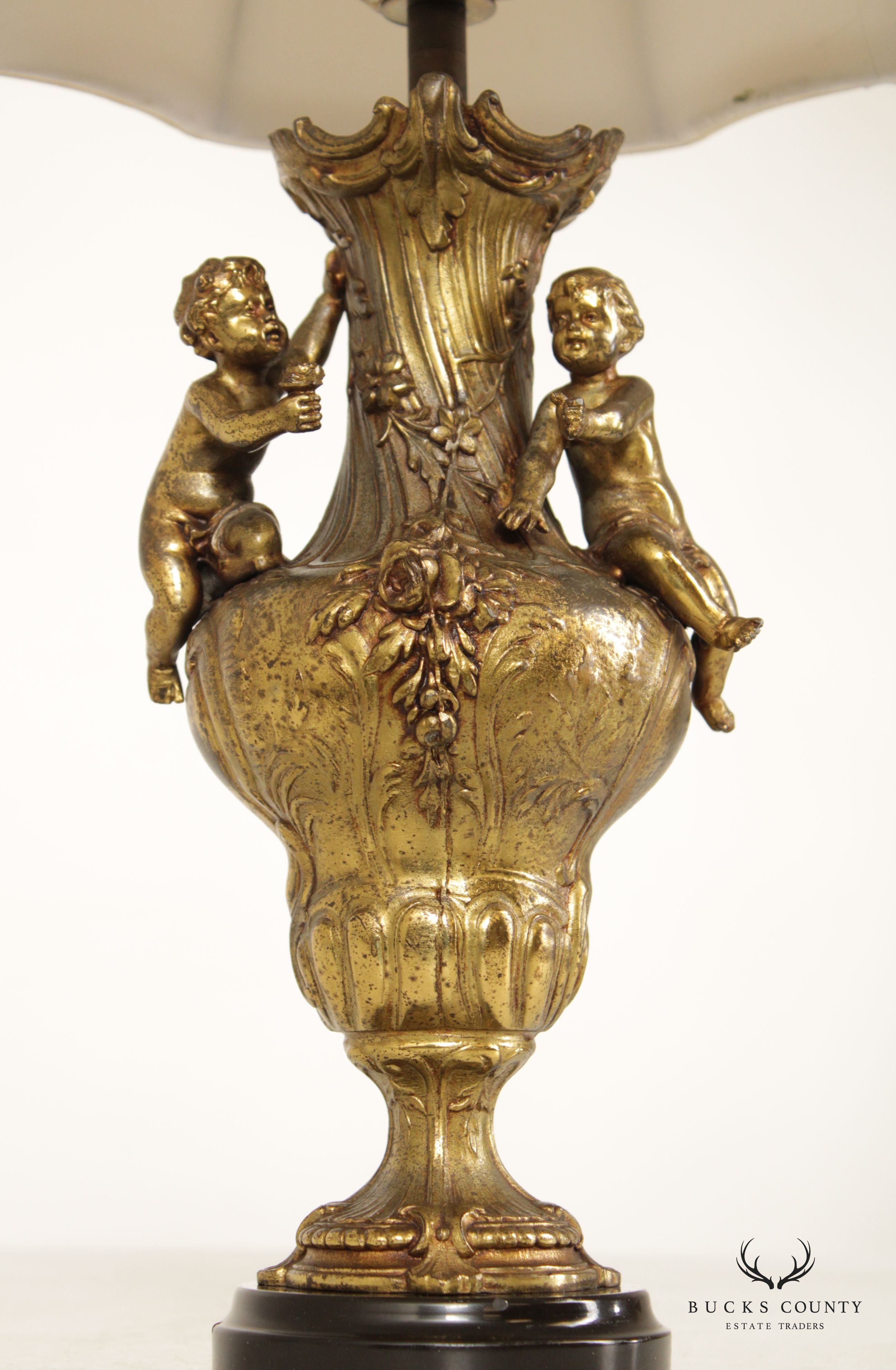 French Rococo Style Gilt Putti Table Lamp with Silk Shade