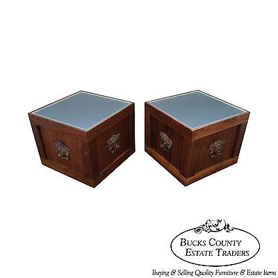 Unusual Pair of Solid Walnut Cube End Tables w/ Glass Tops