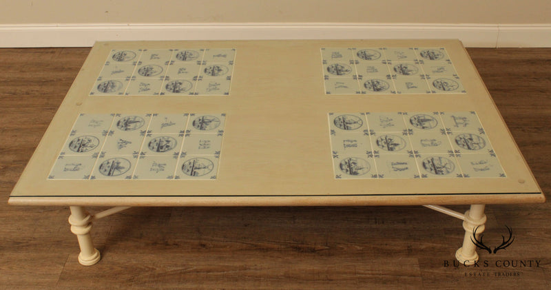 Custom Crafted Iron Base Coffee Table Cerused Oak Delft Tile Top