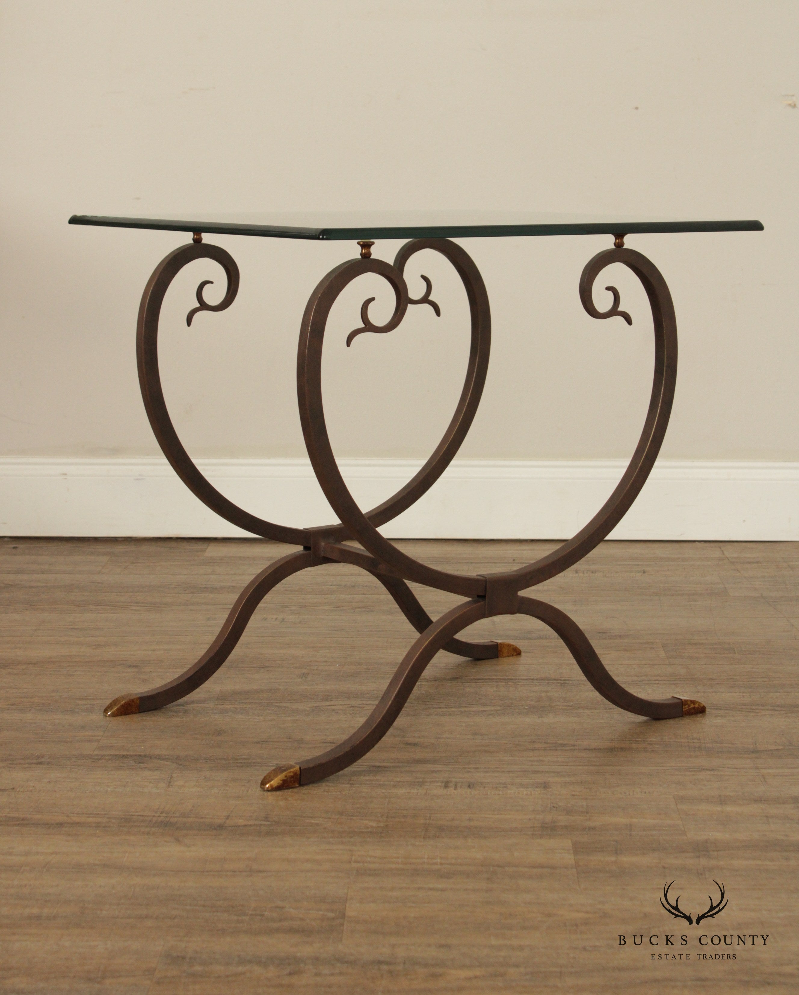 Neoclassical Style Wrought Iron Glass Top Side Table