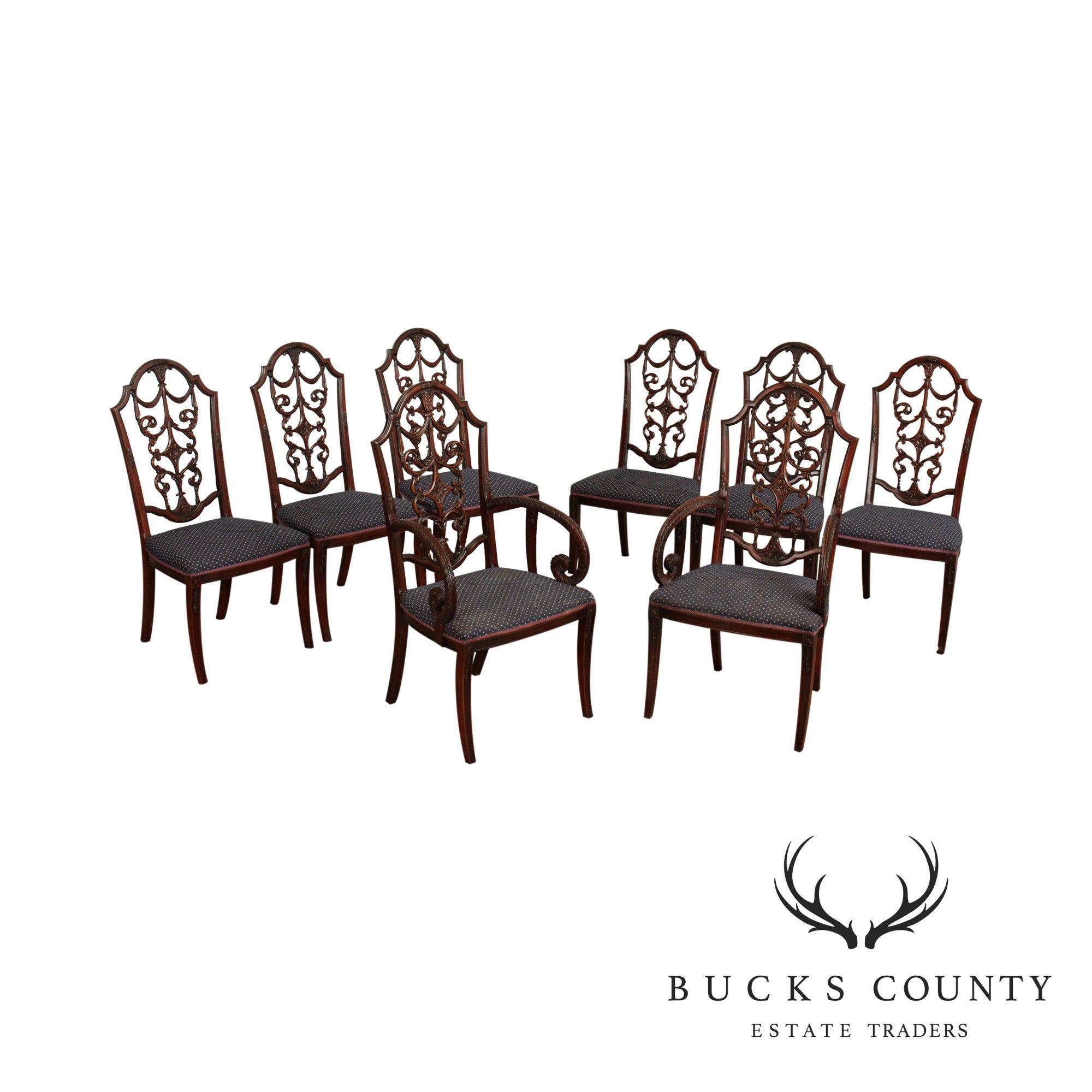 Georgian Style Vintage Carved Mahogany Set 8 Dining Chairs