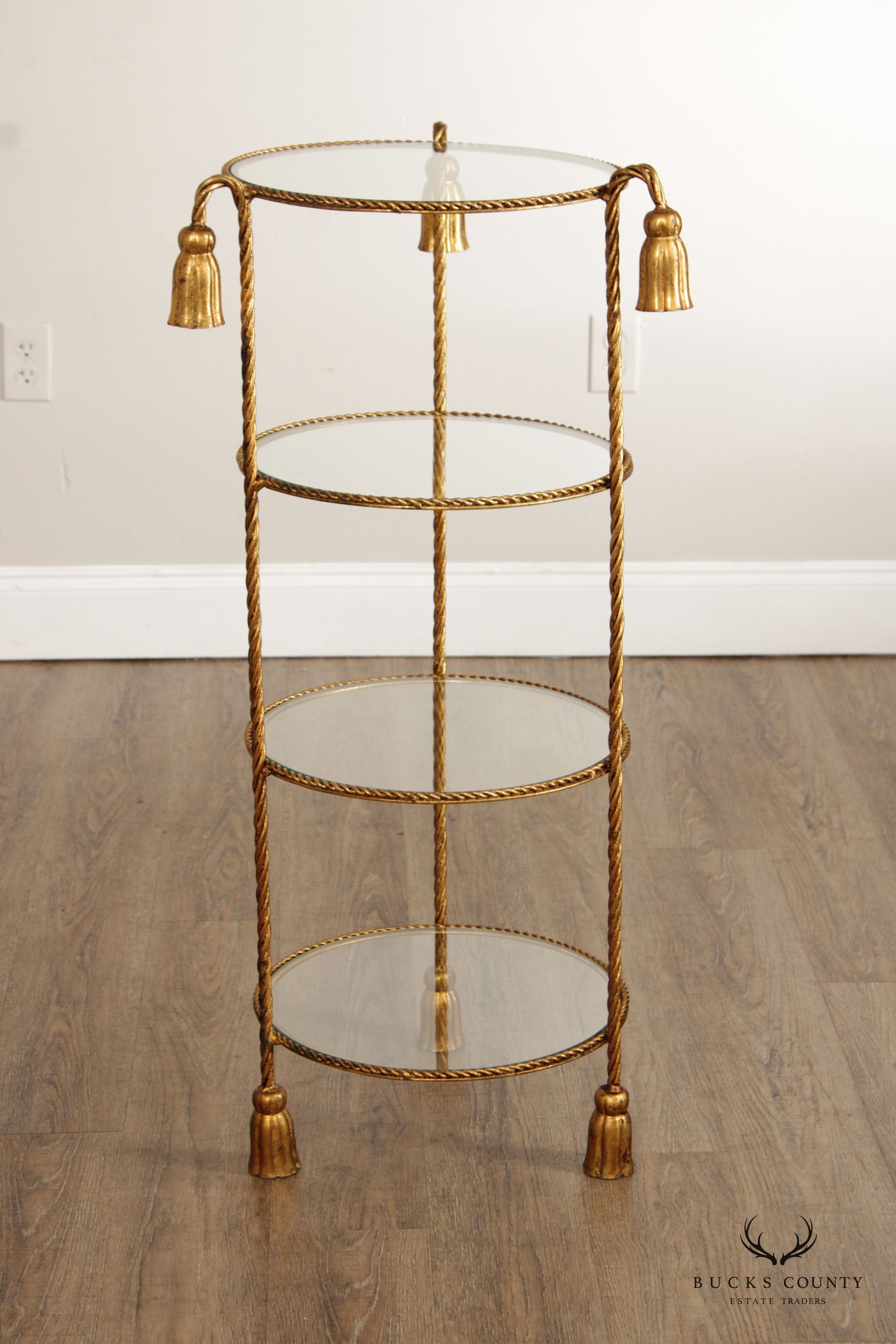 Italian Gilt Metal Four Tier Rope And Tassel Etagere Stand