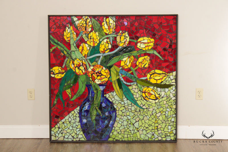 Studio Crafted Floral Still Life Mosaic Art Glass Panel