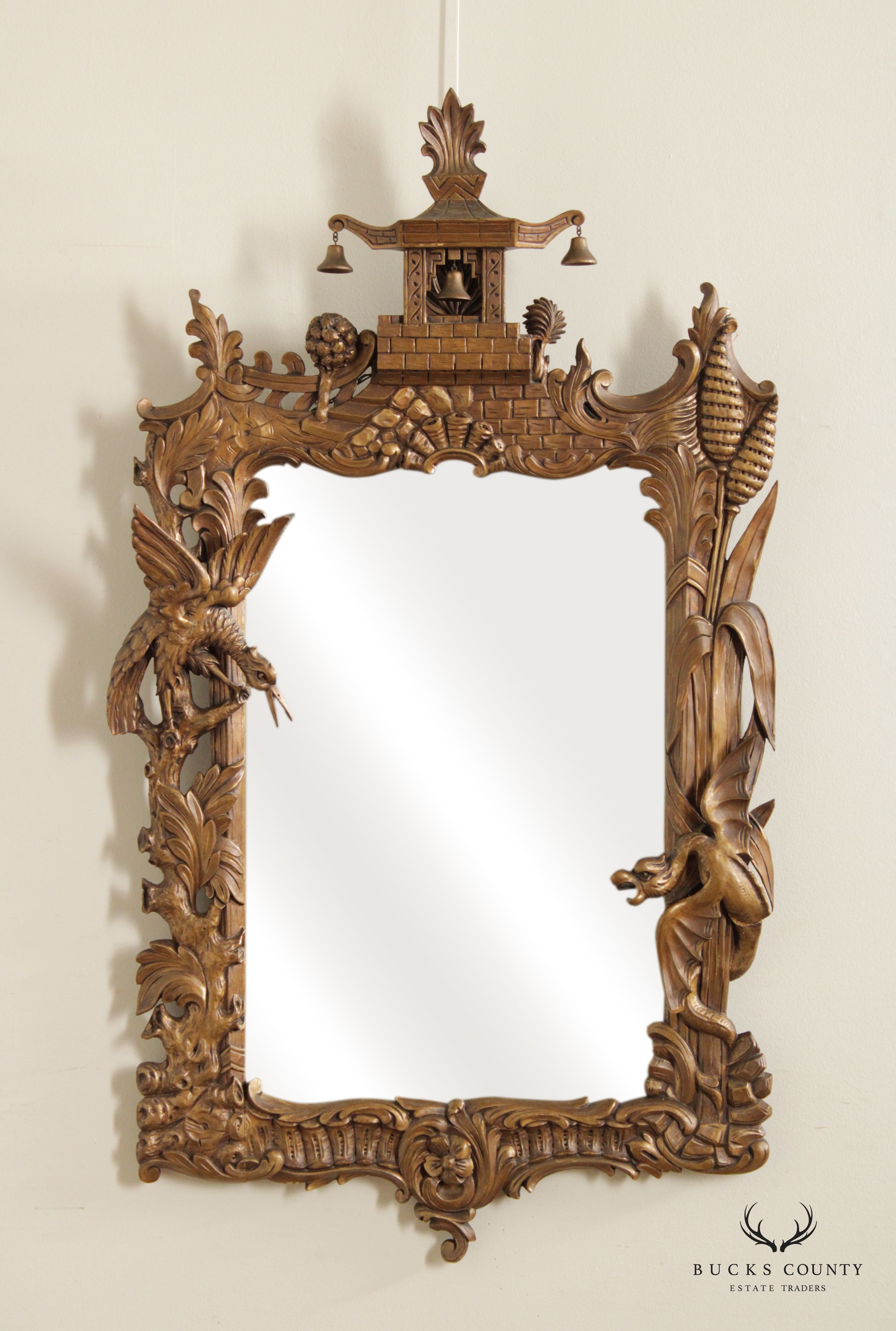 Antique Chinese Chippendale Style Dragon And Pagoda Carved Gilt Wall Mirror