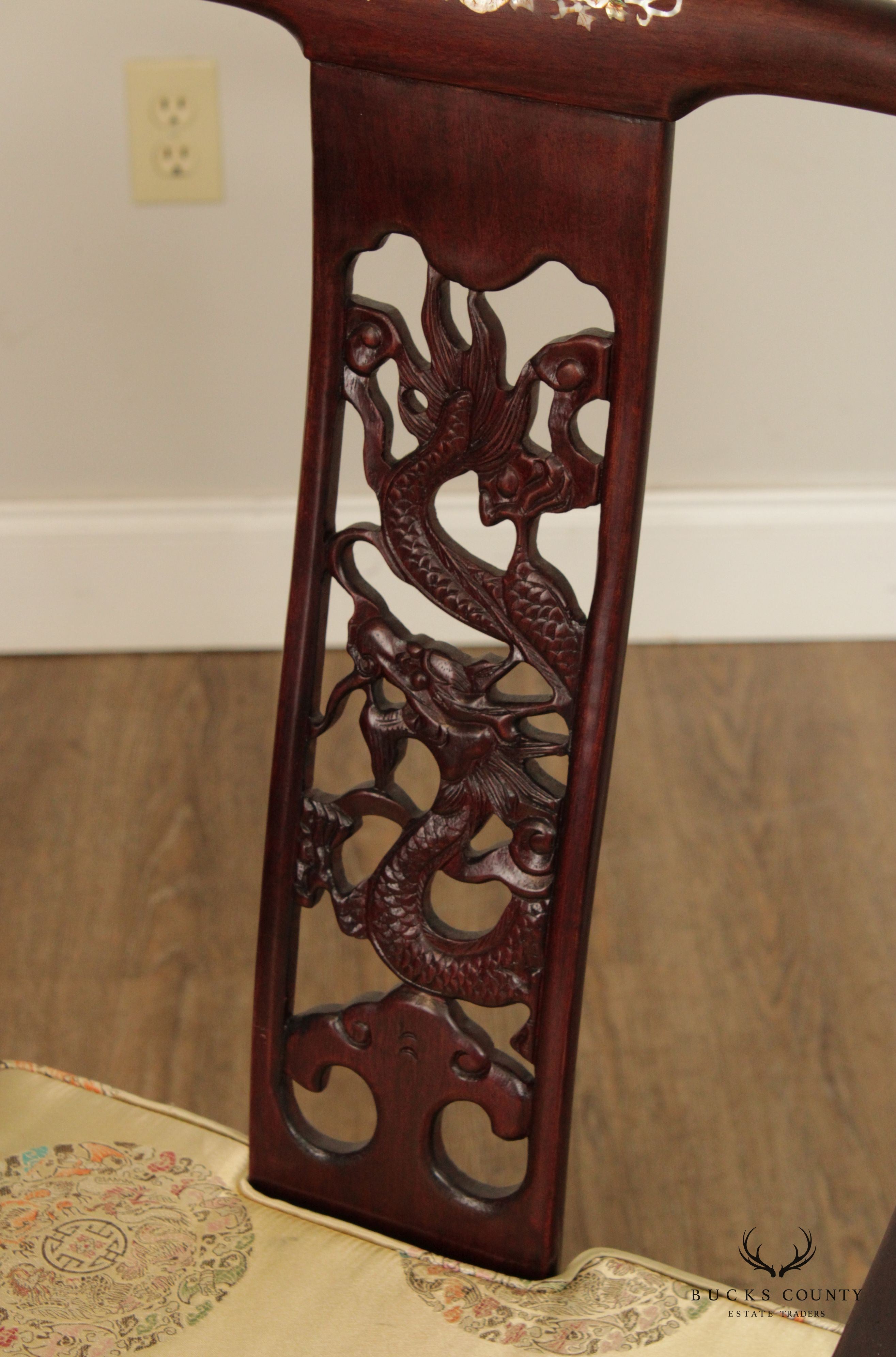 Chinese Rosewood Mother of Pearl Inlaid Dragon Carved Set of 8 Dining Chairs